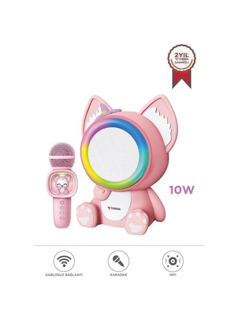 Torima KIDMIC-04 Bluetooth Hoparlör Rgb Işıklı Mikrofonlu Karaoke Sevimli Kedi Figürlü Speaker Pembe