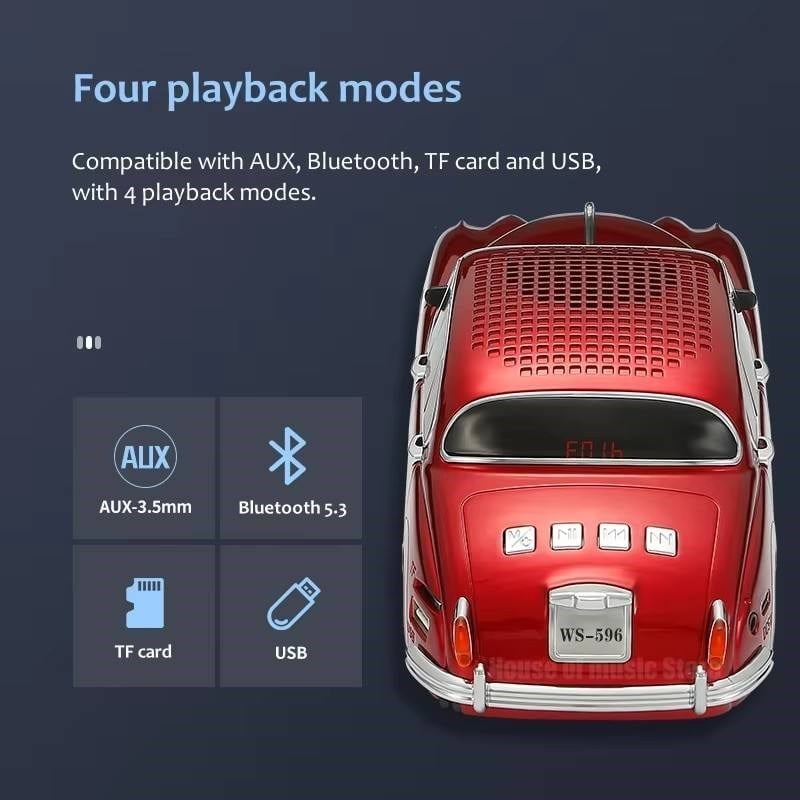 WS-596  Nostaljik Araba Görünümlü Bluetooth,Hafıza Kartı,Usb Bellek,Aux Ve Radyo Destekli Hoparlör Kırmızı