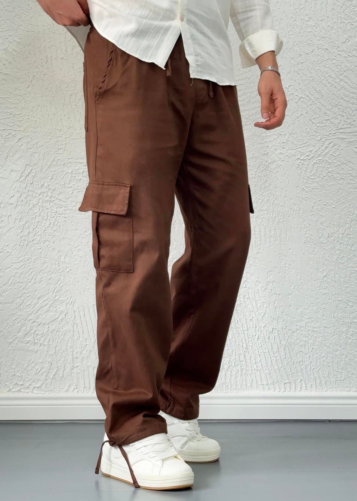 Ayarlanabilir Paça Kargo Cepli Baggy Yazlık Pantolon/ KAHVE - KRG01