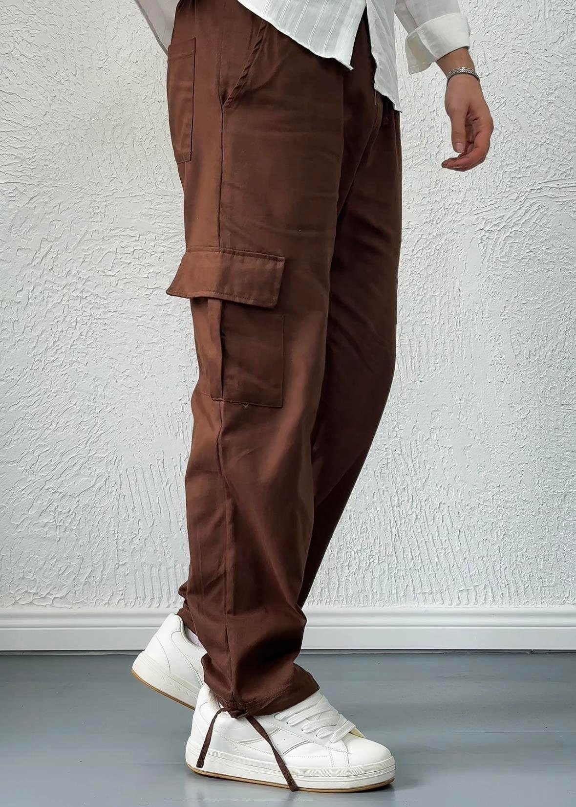 Ayarlanabilir Paça Kargo Cepli Baggy Yazlık Pantolon/ KAHVE - KRG01