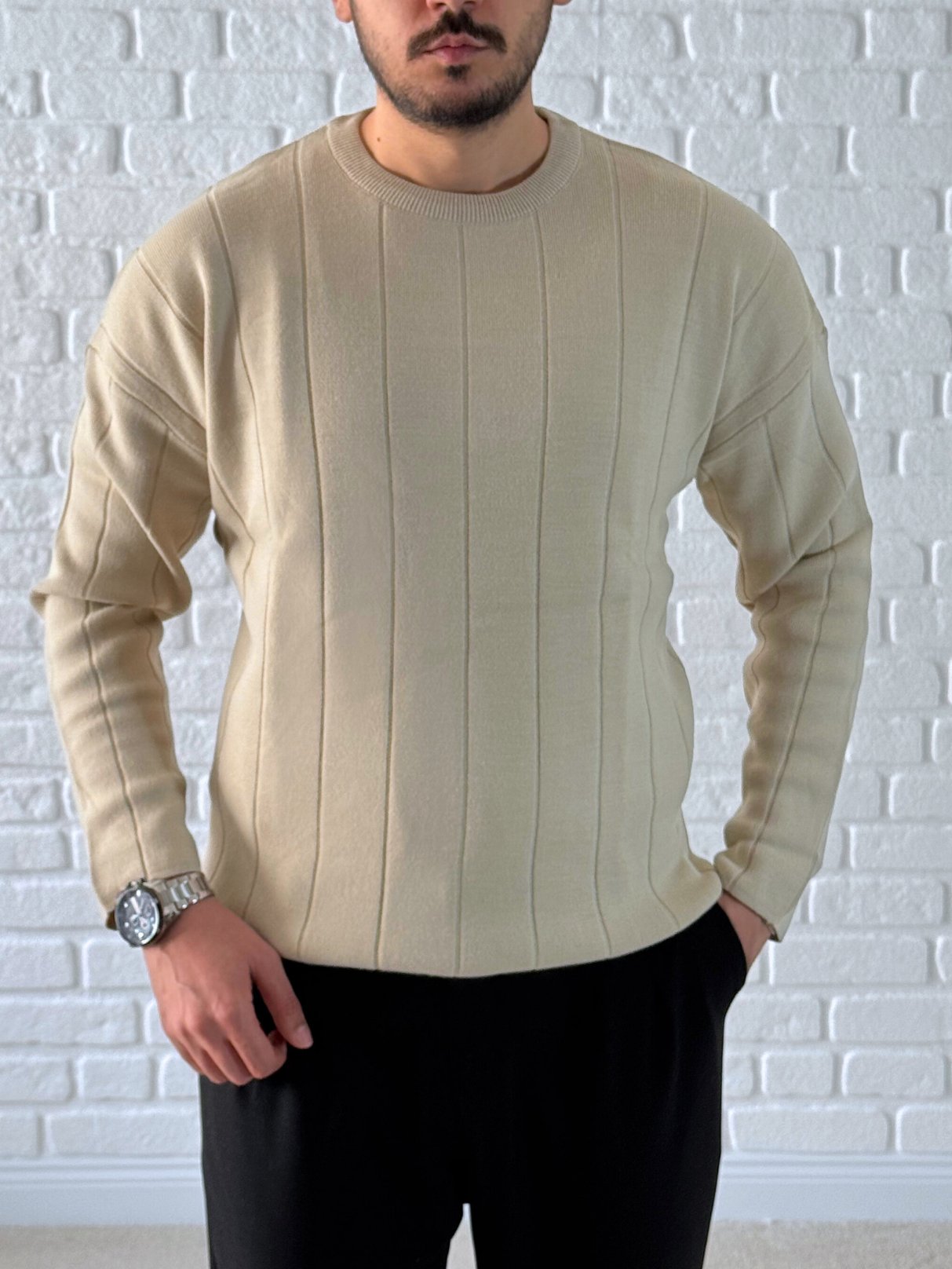Bisiklet Yaka Premium Kalite Oversize Triko/Kazak- Krem/ KZK07