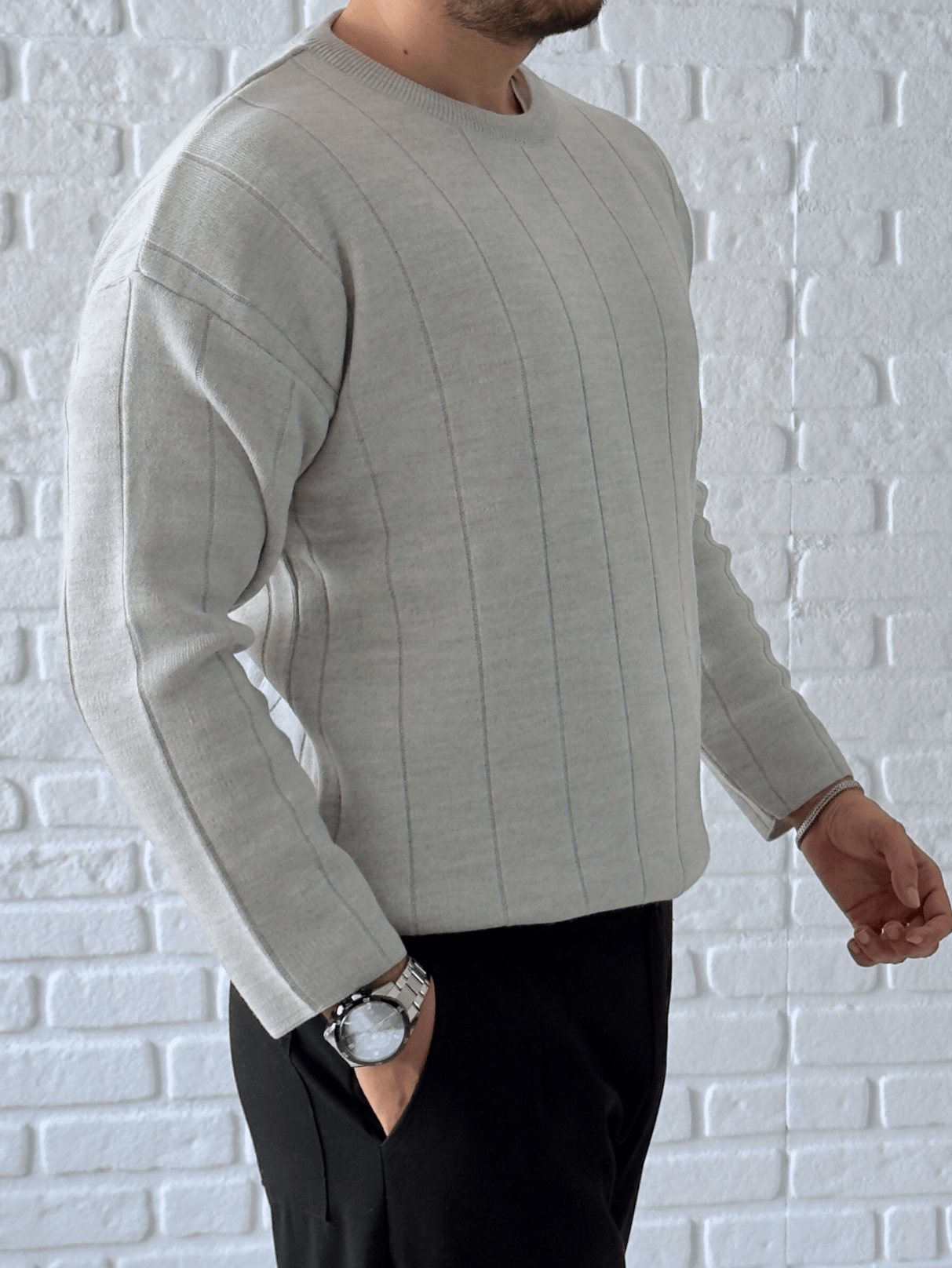 Bisiklet Yaka Premium Kalite Oversize Triko/Kazak- Gri/ KZK07