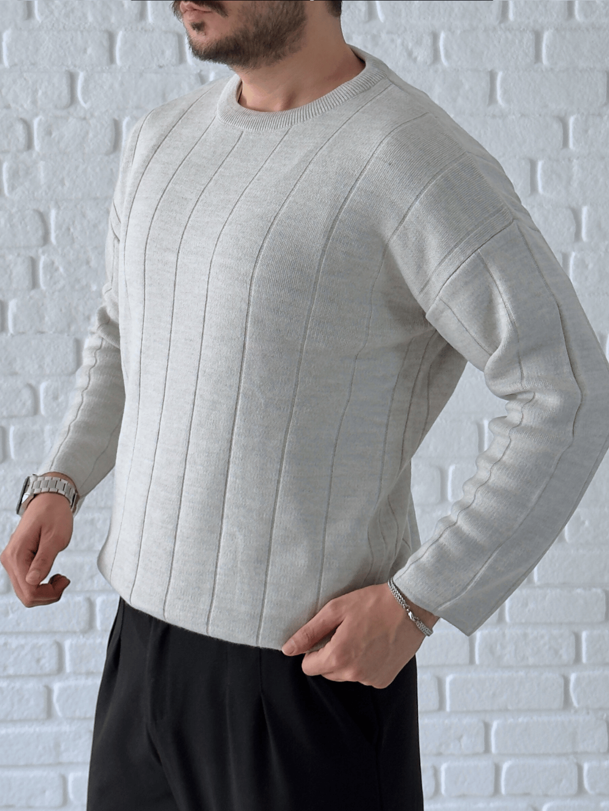 Bisiklet Yaka Premium Kalite Oversize Triko/Kazak- Gri/ KZK07
