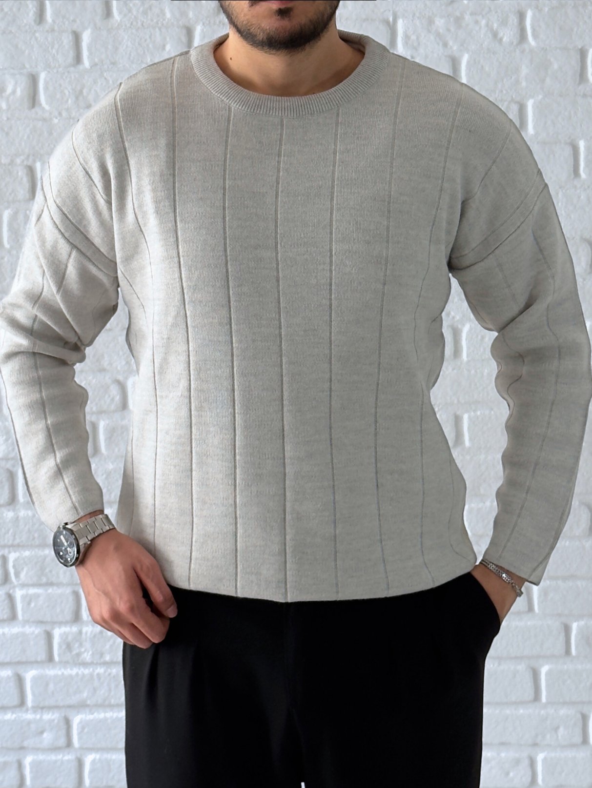 Bisiklet Yaka Premium Kalite Oversize Triko/Kazak- Gri/ KZK07