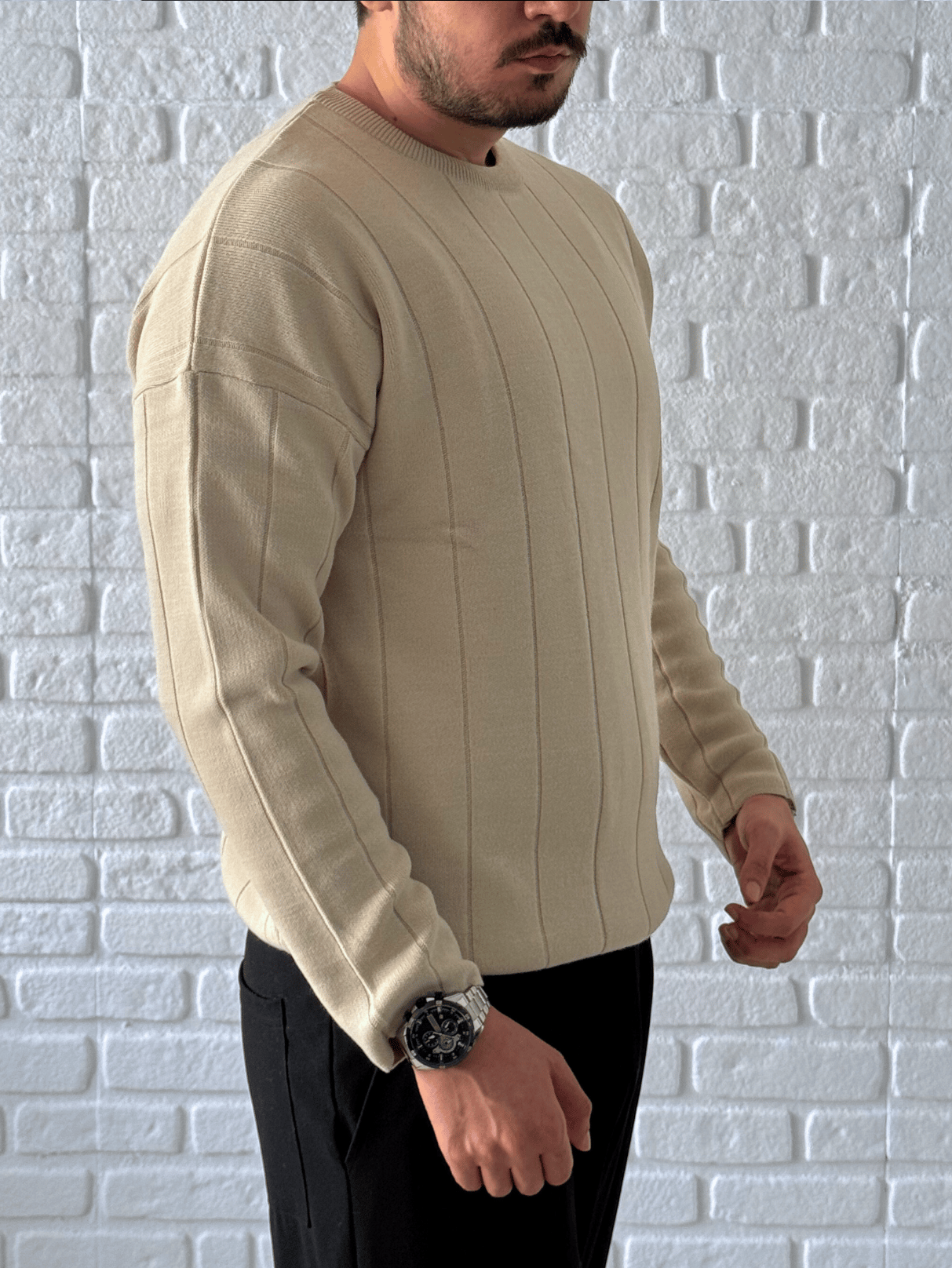Bisiklet Yaka Premium Kalite Oversize Triko/Kazak- Krem/ KZK07