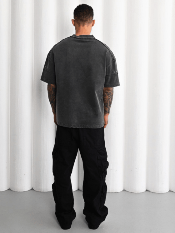 Dikiş Baskı Detaylı Özel Kesim Yıkamalı Oversize Yüksek Kalite T-Shirt / Antrasit Gri - TSH01