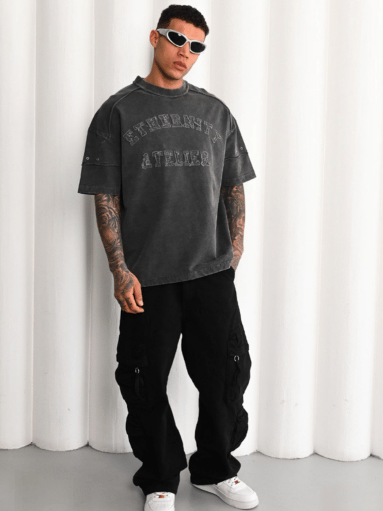 Dikiş Baskı Detaylı Özel Kesim Yıkamalı Oversize Yüksek Kalite T-Shirt / Antrasit Gri - TSH01
