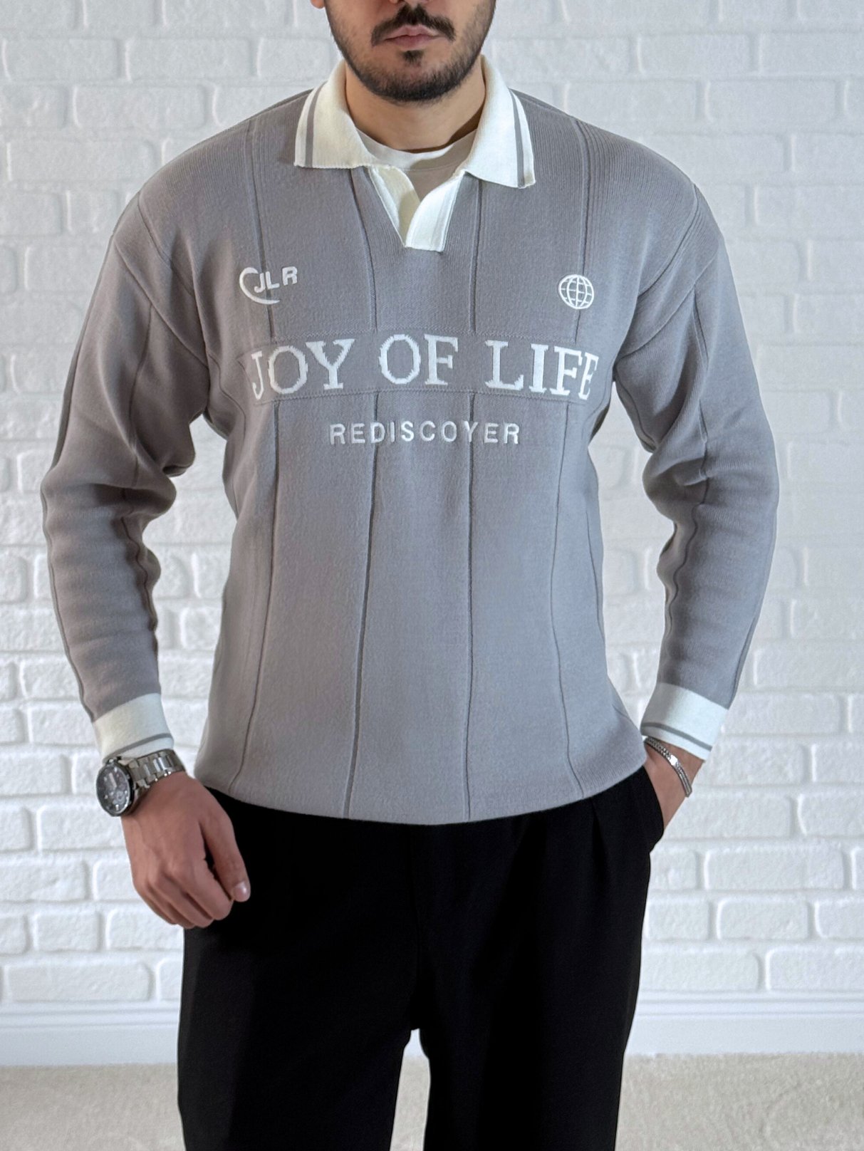 Erkek Oversize Fermuarlı Polo Yaka Dikiş Baskılı Kazak- Gri/ YZL01