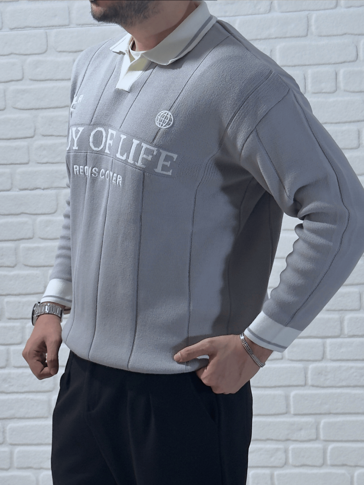 Erkek Oversize Fermuarlı Polo Yaka Dikiş Baskılı Kazak- Gri/ YZL01