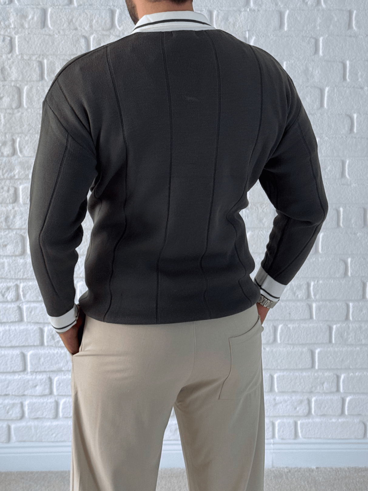 Erkek Oversize Fermuarlı Polo Yaka Dikiş Baskılı Kazak- Füme/ YZL01