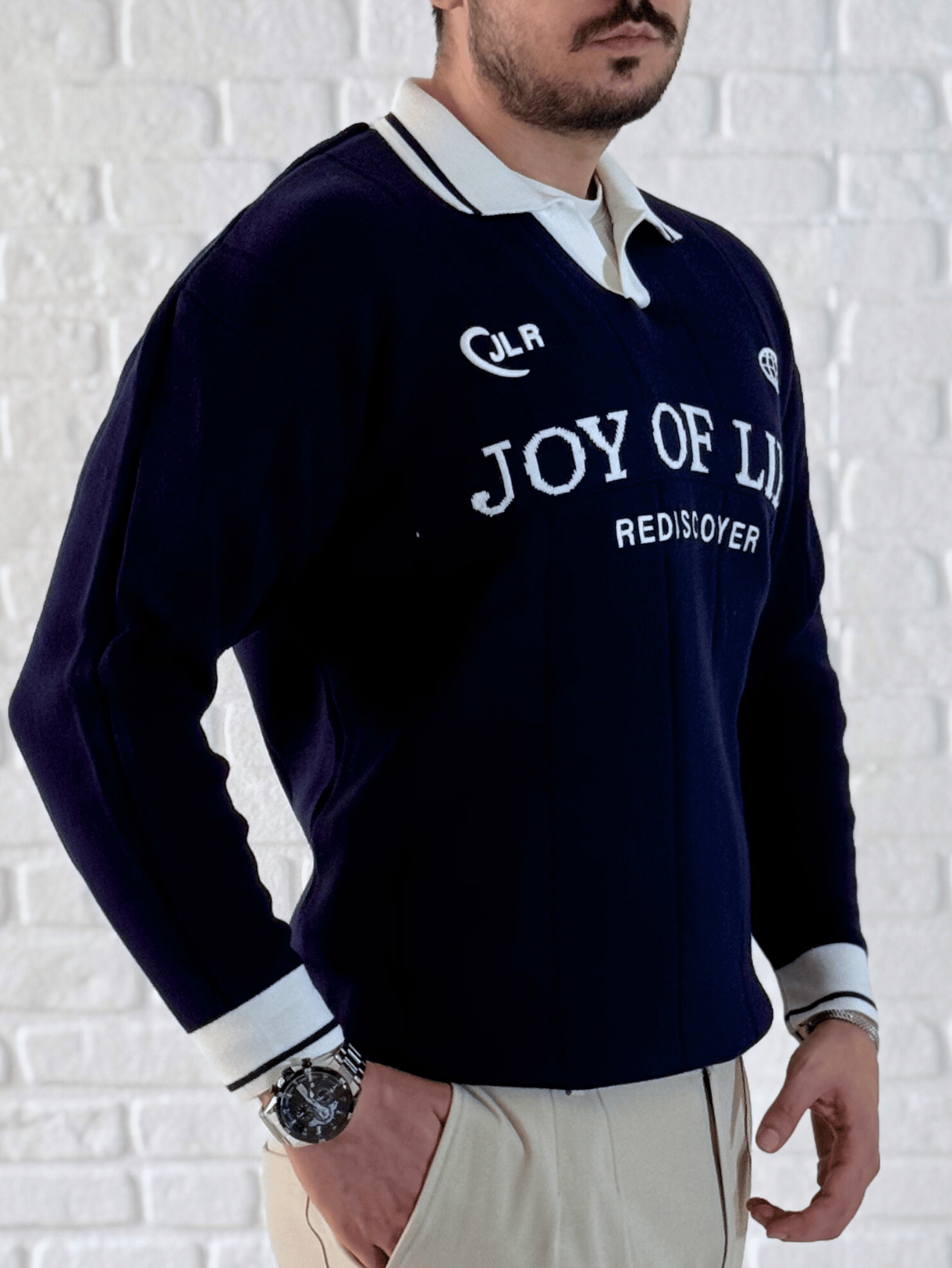 Erkek Oversize Fermuarlı Polo Yaka Dikiş Baskılı Kazak-  Lacivert / YZL01