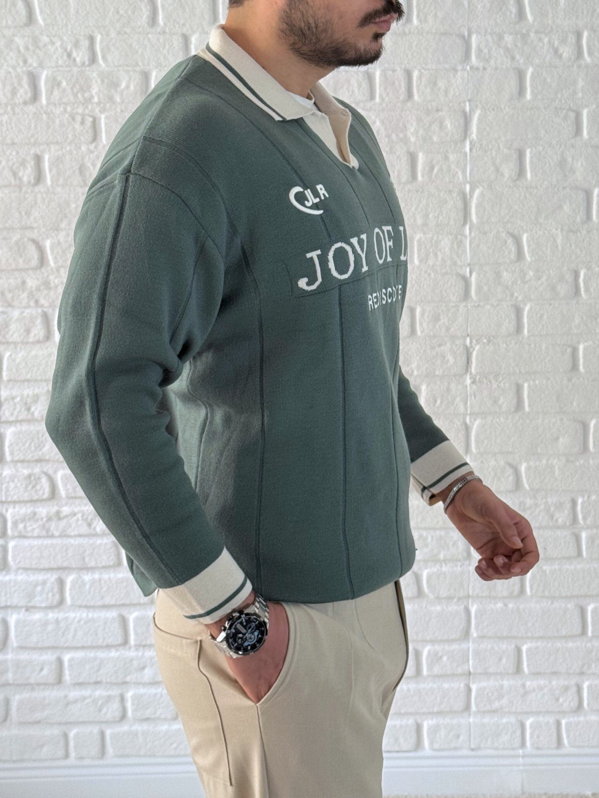 Erkek Oversize Fermuarlı Polo Yaka Dikiş Baskılı Kazak- Yeşil / YZL01
