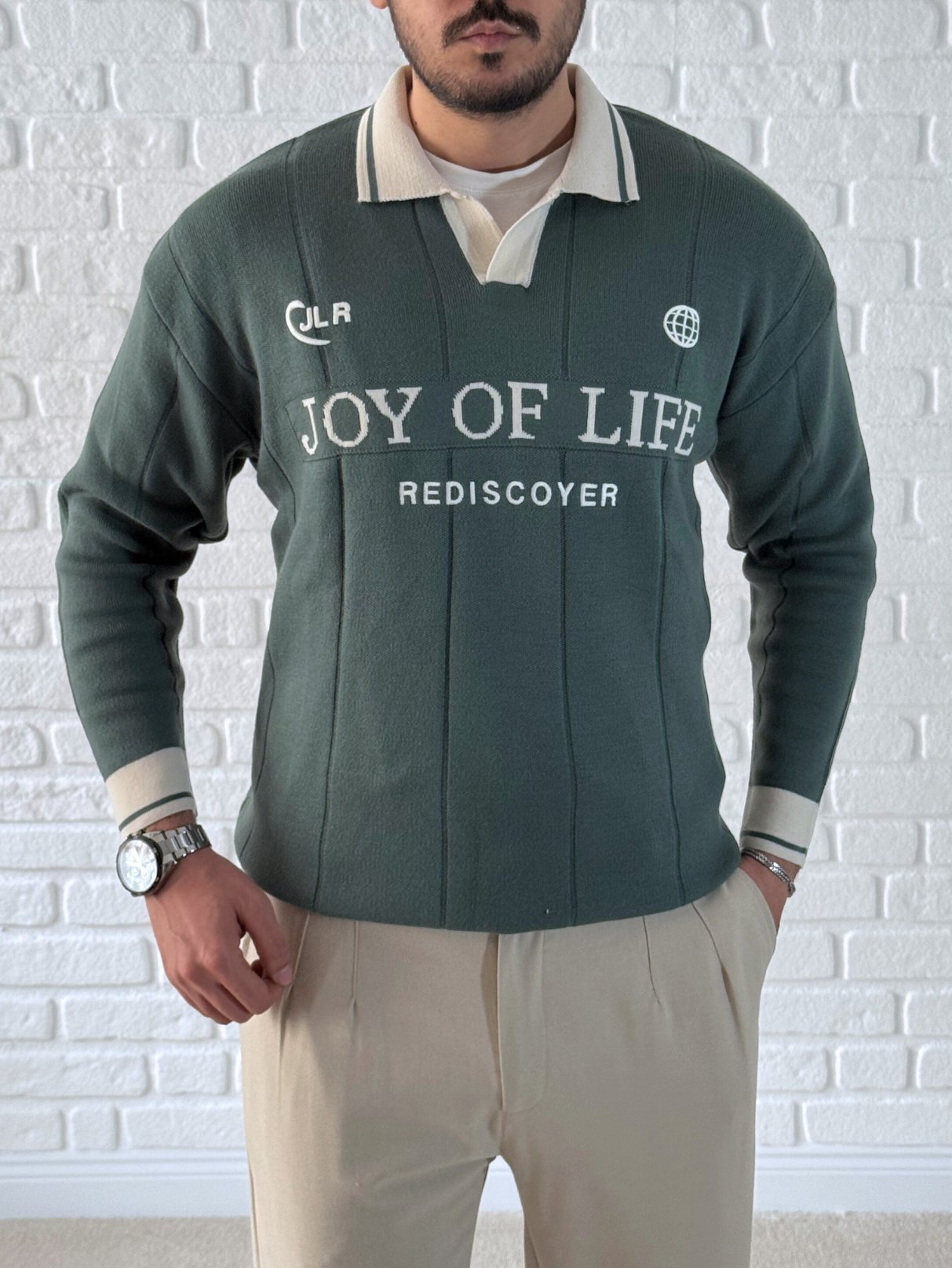 Erkek Oversize Fermuarlı Polo Yaka Dikiş Baskılı Kazak- Yeşil / YZL01