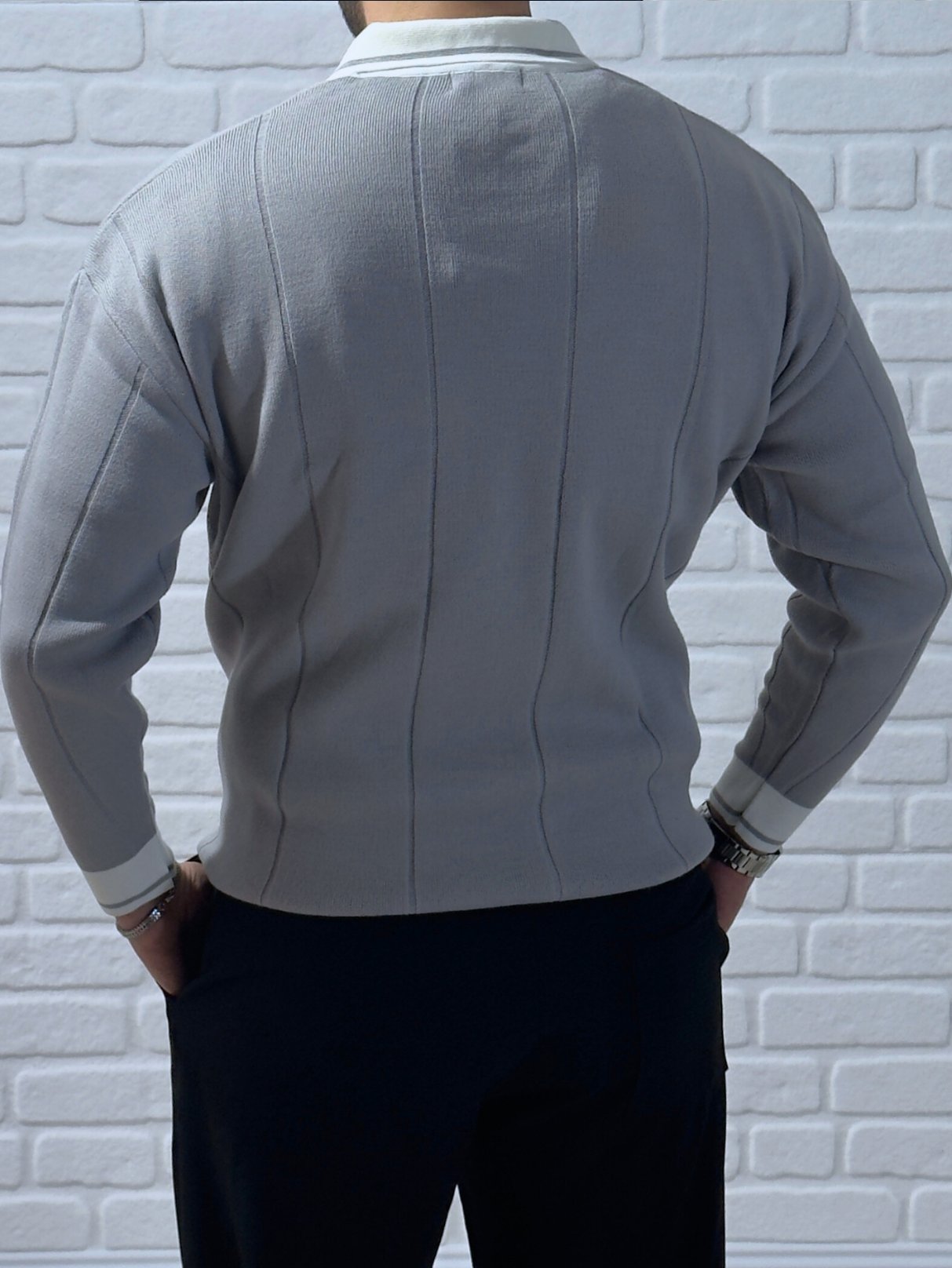 Erkek Oversize Fermuarlı Polo Yaka Dikiş Baskılı Kazak- Gri/ YZL01