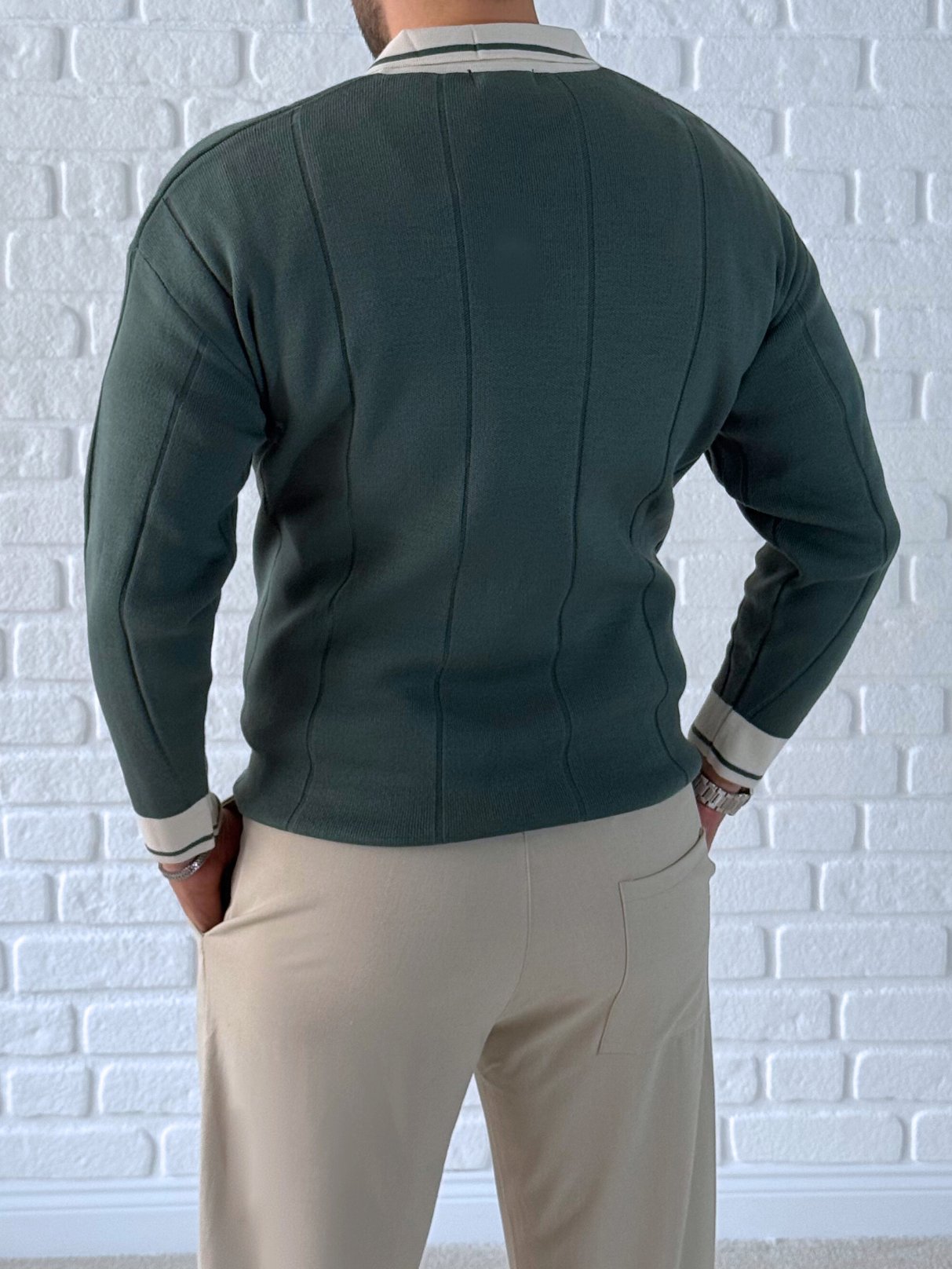 Erkek Oversize Fermuarlı Polo Yaka Dikiş Baskılı Kazak- Yeşil / YZL01