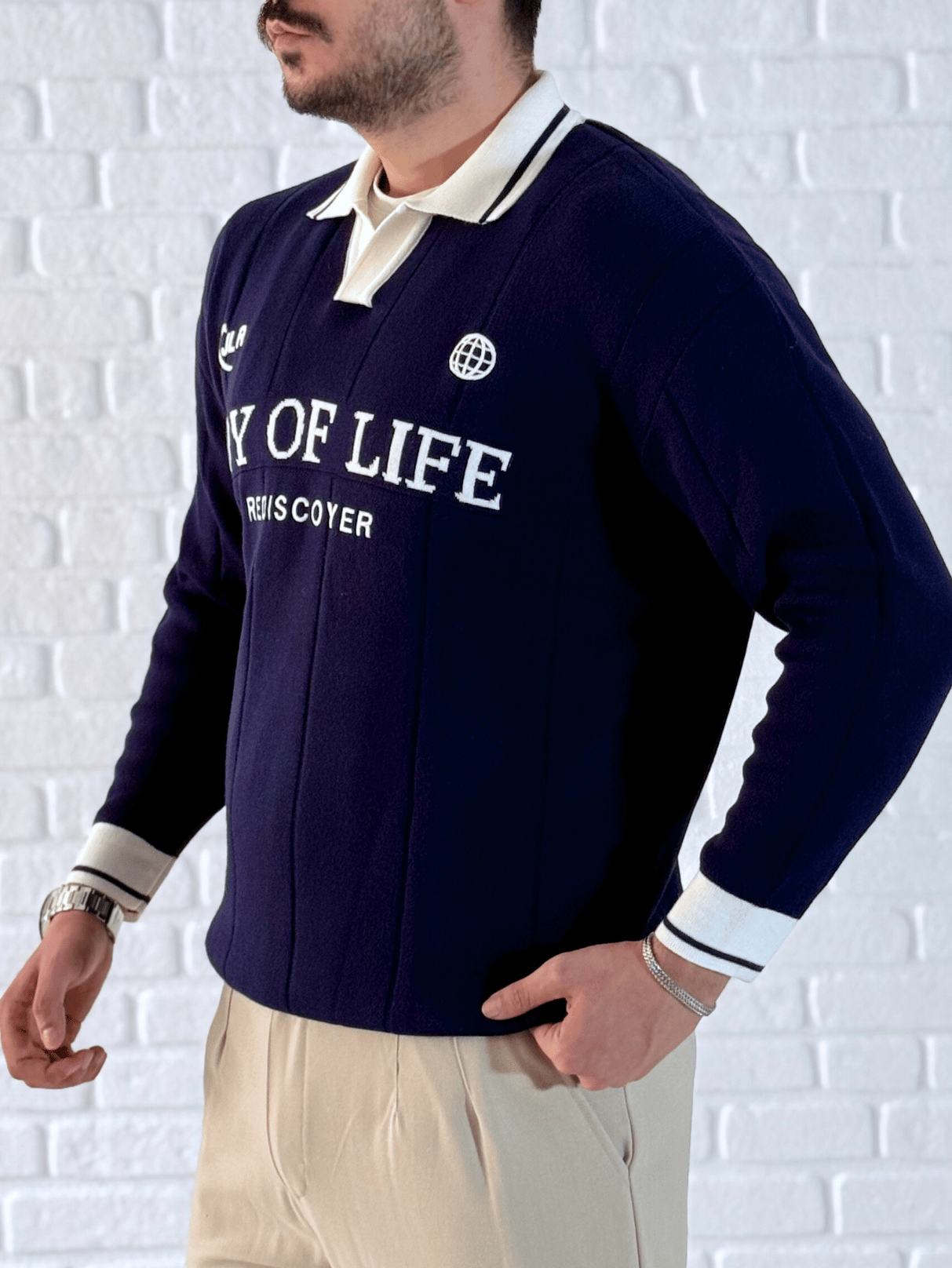 Erkek Oversize Fermuarlı Polo Yaka Dikiş Baskılı Kazak-  Lacivert / YZL01