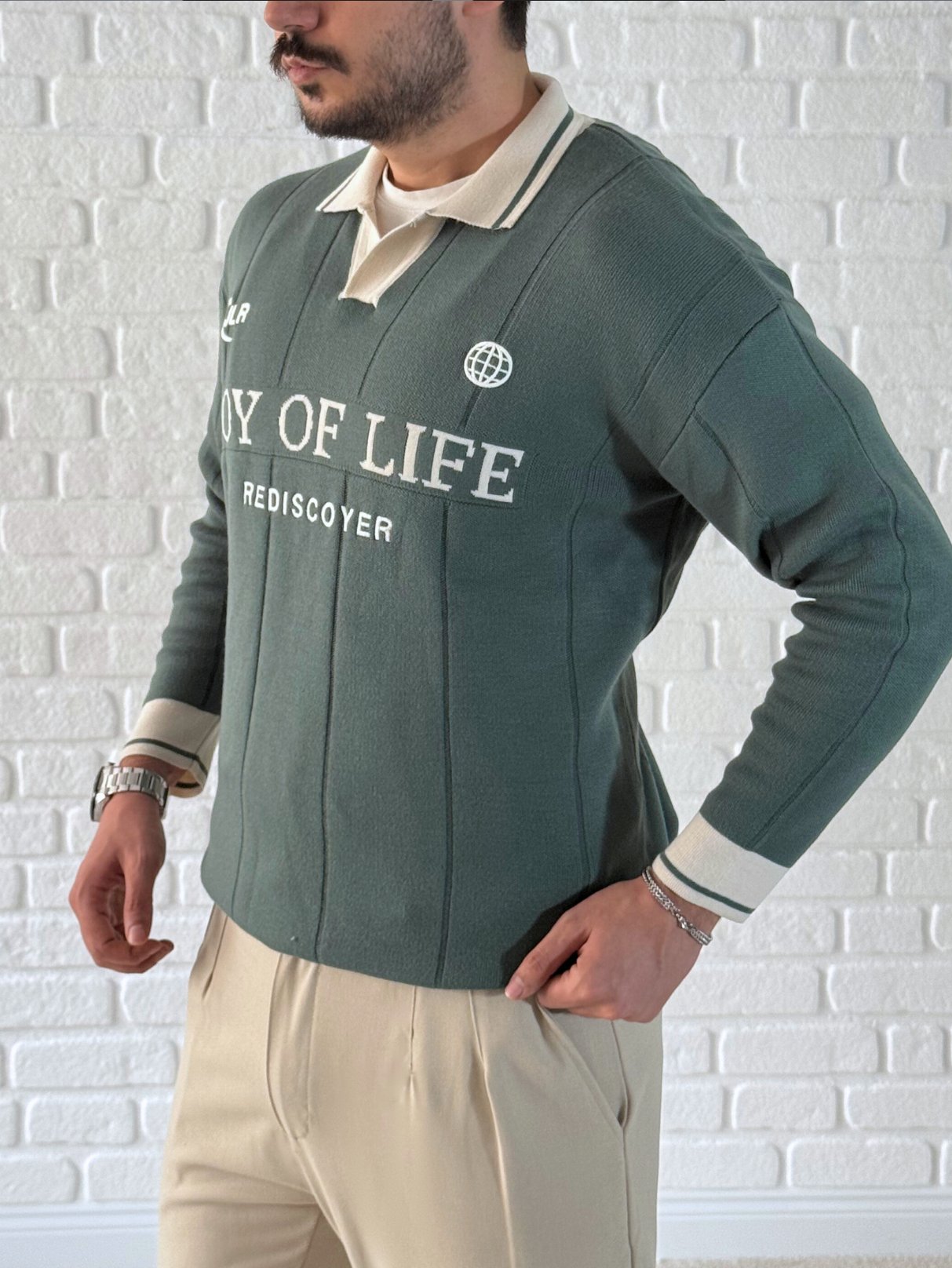 Erkek Oversize Fermuarlı Polo Yaka Dikiş Baskılı Kazak- Yeşil / YZL01