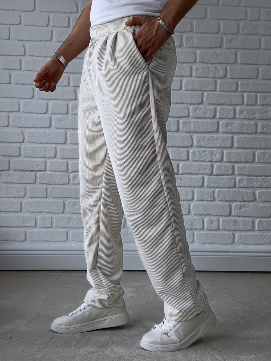 Erkek Premium Kalite Baggy Kalıp Kadife Pantolon/ BEYAZ-KDF01
