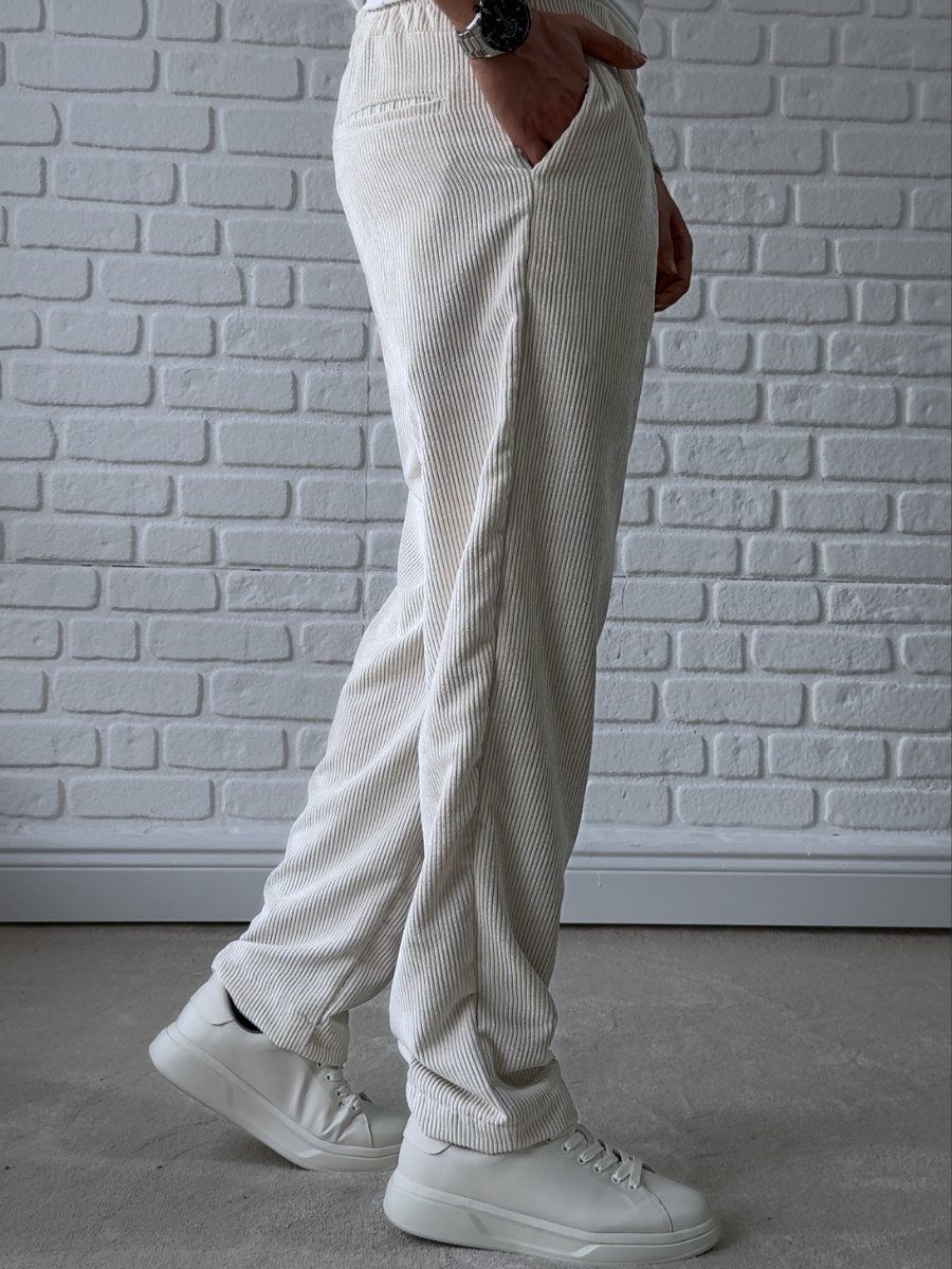 Erkek Premium Kalite Baggy Kalıp Kadife Pantolon/ BEYAZ-KDF01