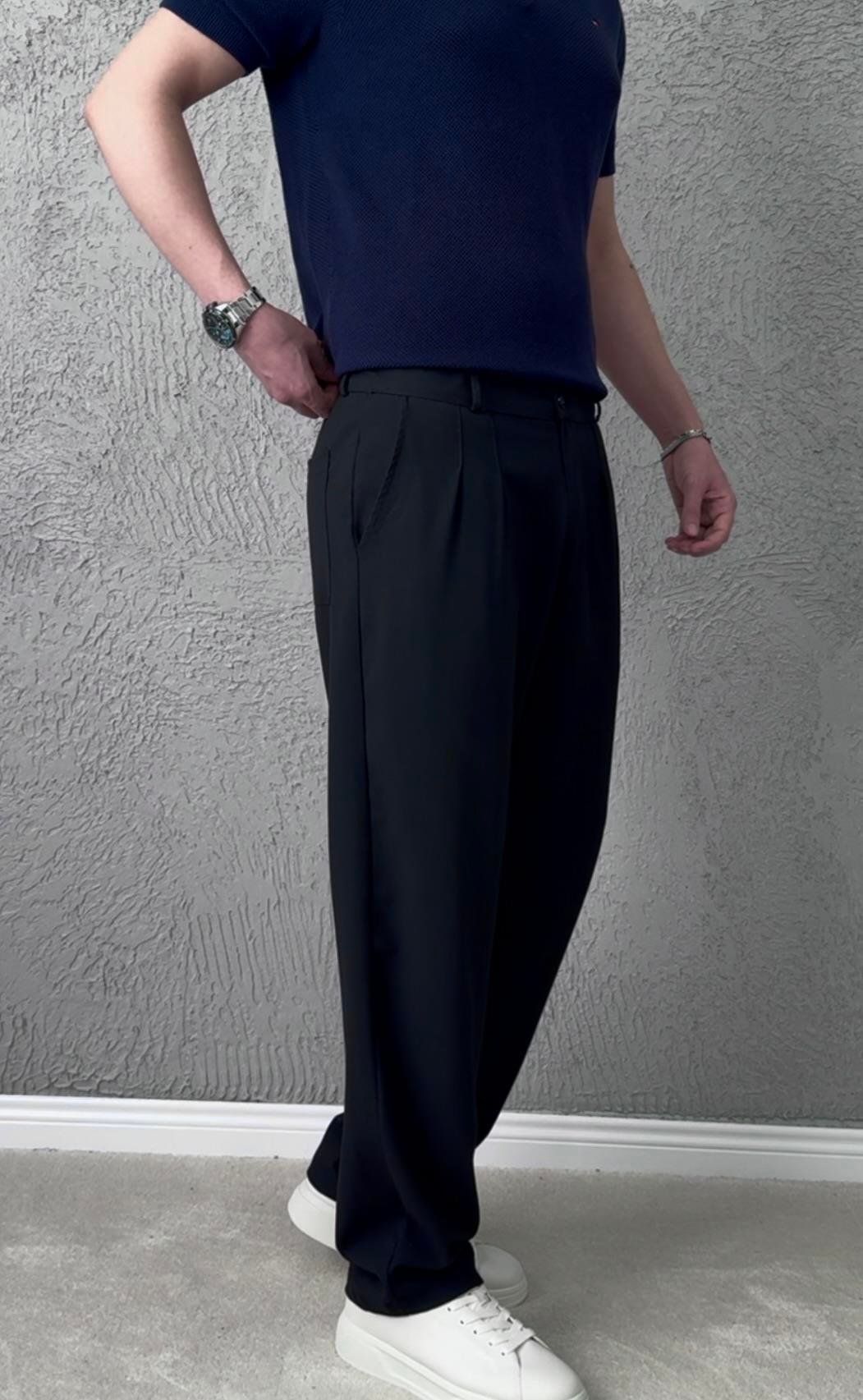 Erkek Premium Kalite Baggy Pileli Kumaş pantolon- Siyah / KMS01