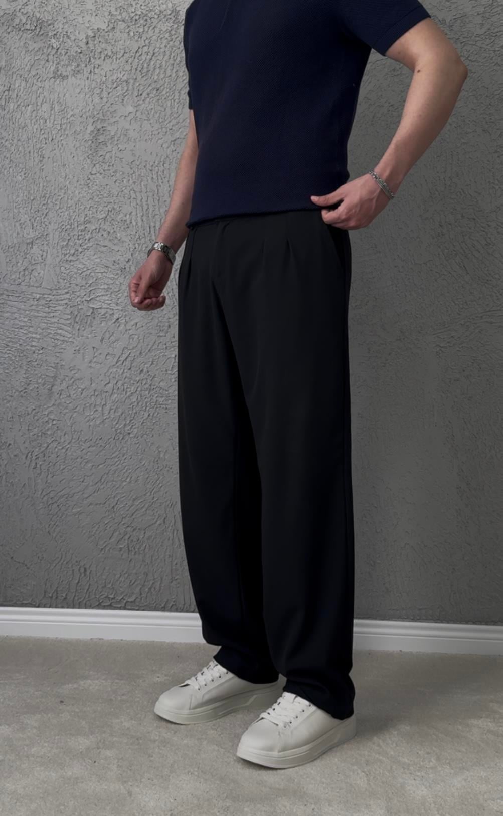 Erkek Premium Kalite Baggy Pileli Kumaş pantolon- Siyah / KMS01
