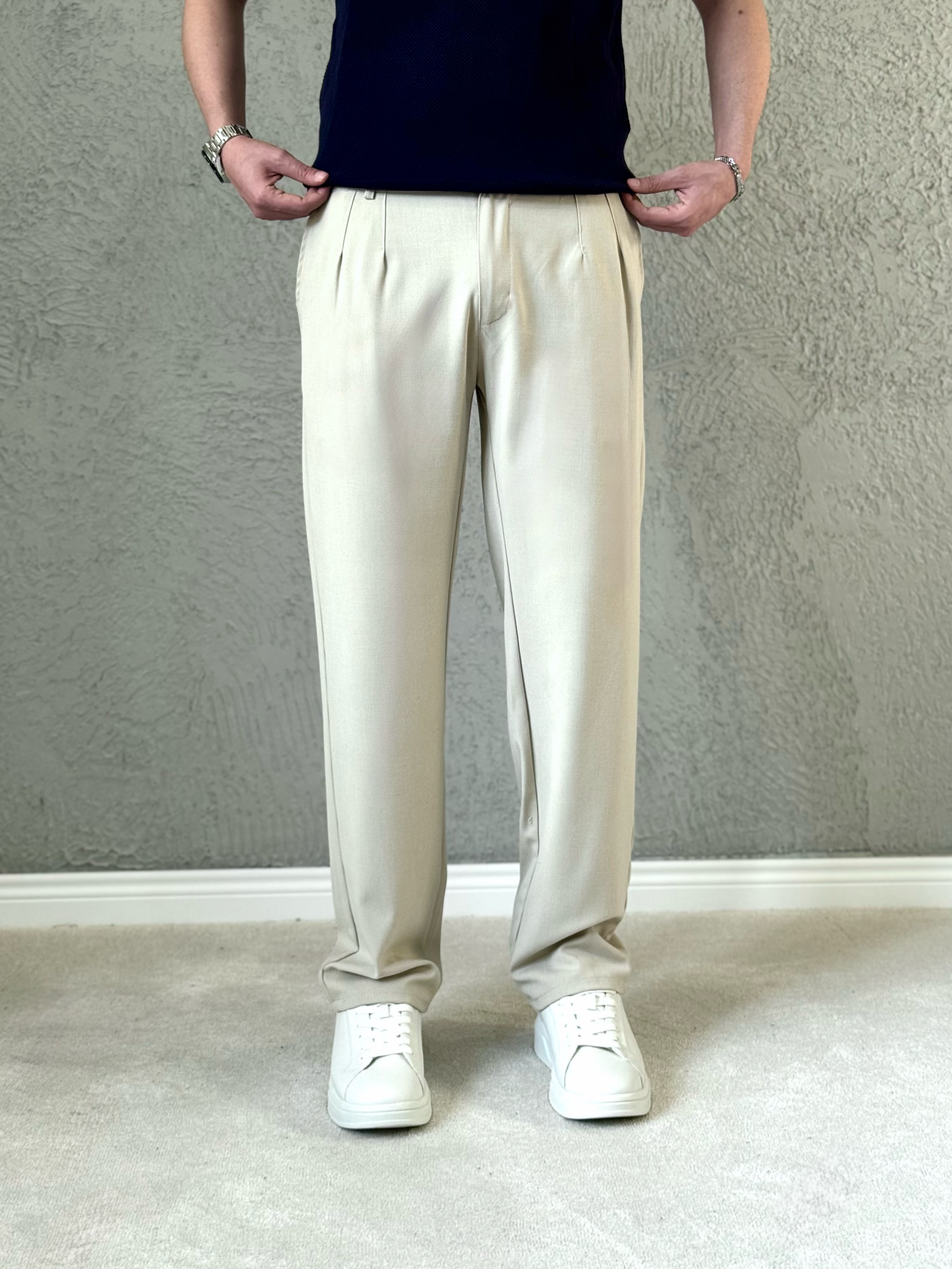 Erkek Premium Kalite Baggy Pileli Kumaş pantolon- Krem / KMS01