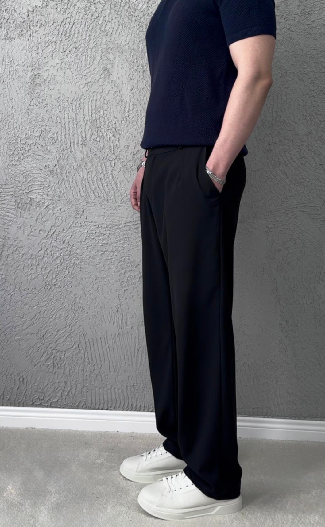 Erkek Premium Kalite Baggy Pileli Kumaş pantolon- Siyah / KMS01