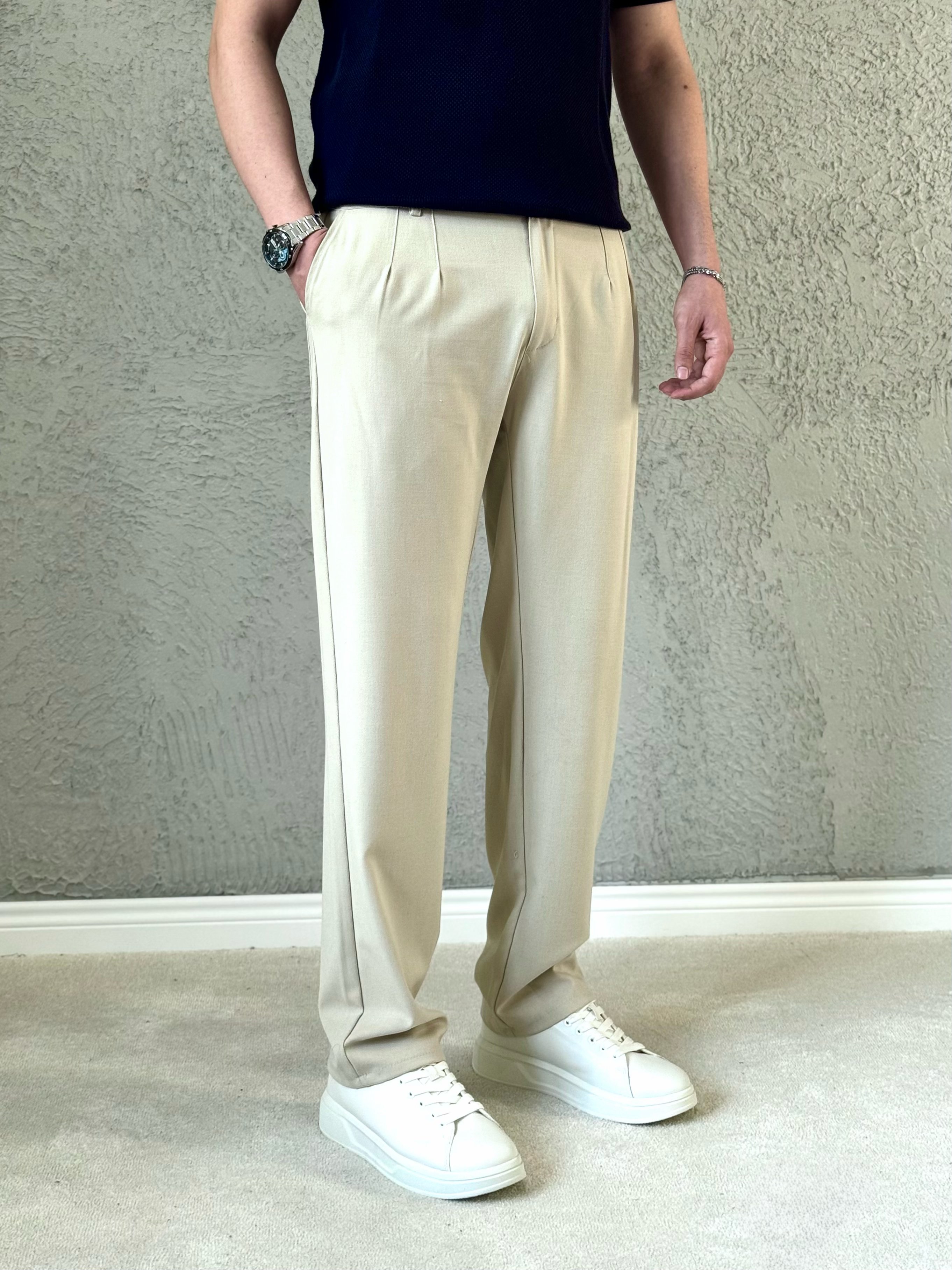 Erkek Premium Kalite Baggy Pileli Kumaş pantolon- Krem / KMS01