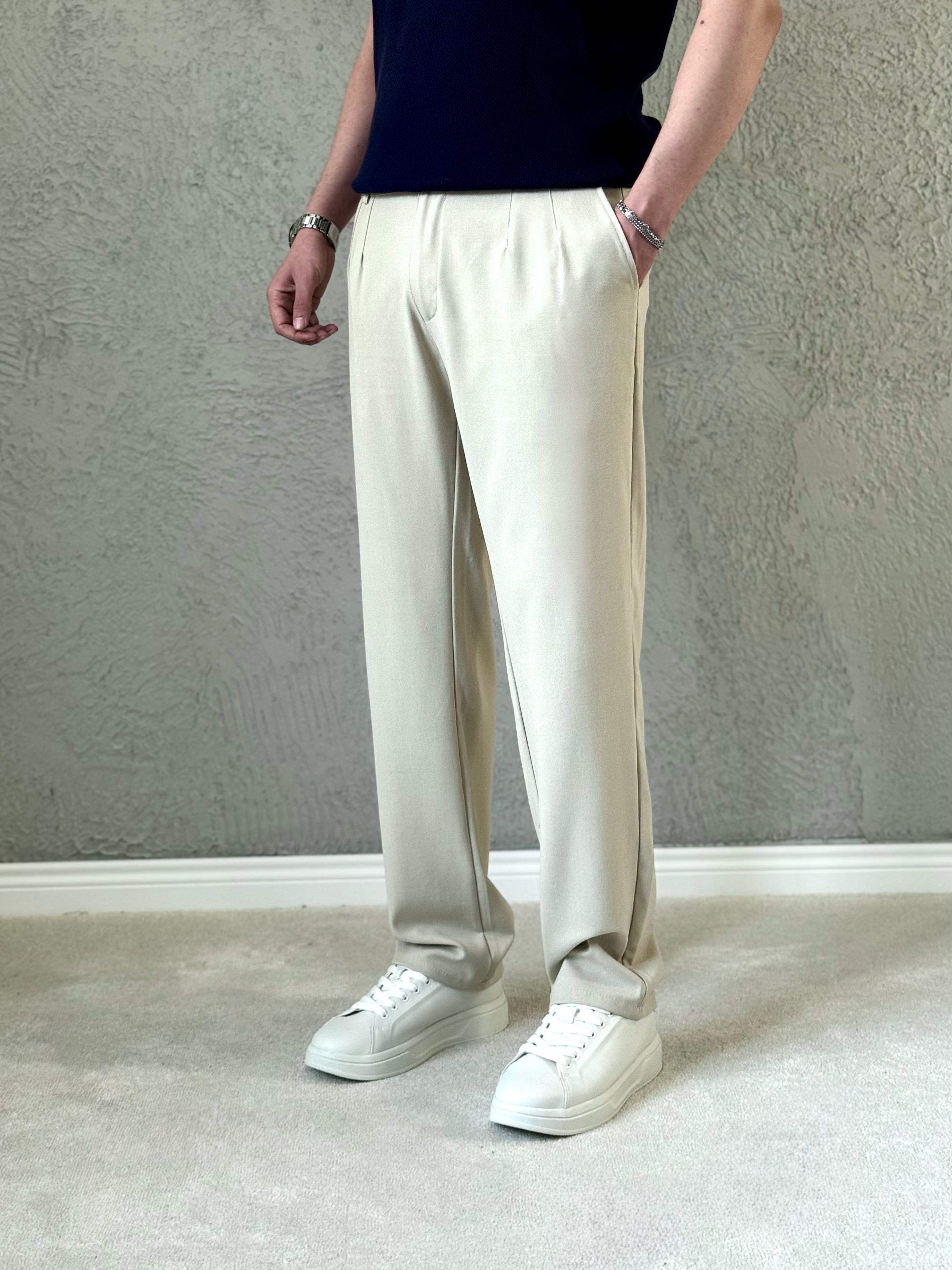 Erkek Premium Kalite Baggy Pileli Kumaş pantolon- Krem / KMS01