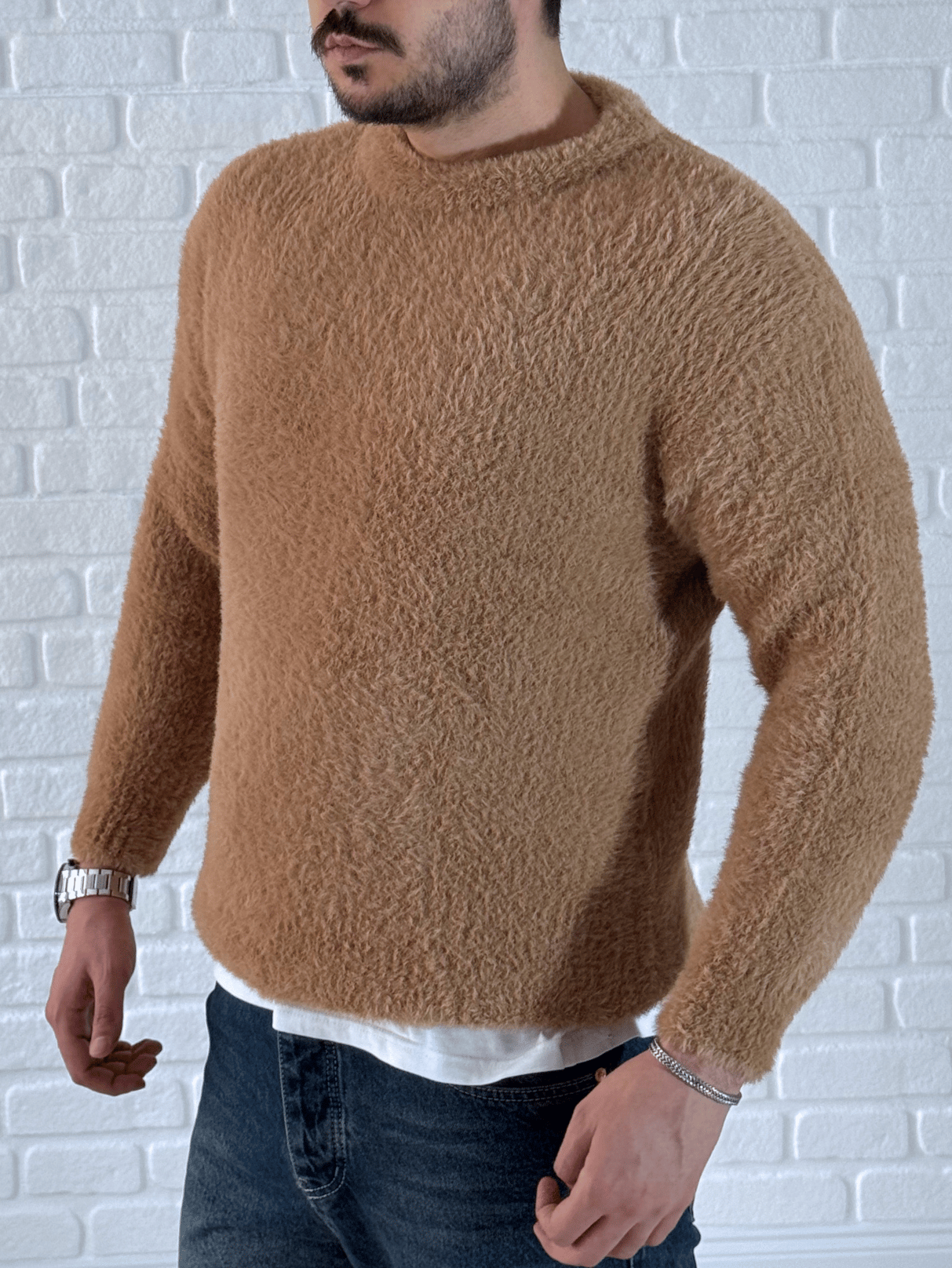 Oversize Peluş Detaylı Premium Kalite Kazak - Taba / KZK05