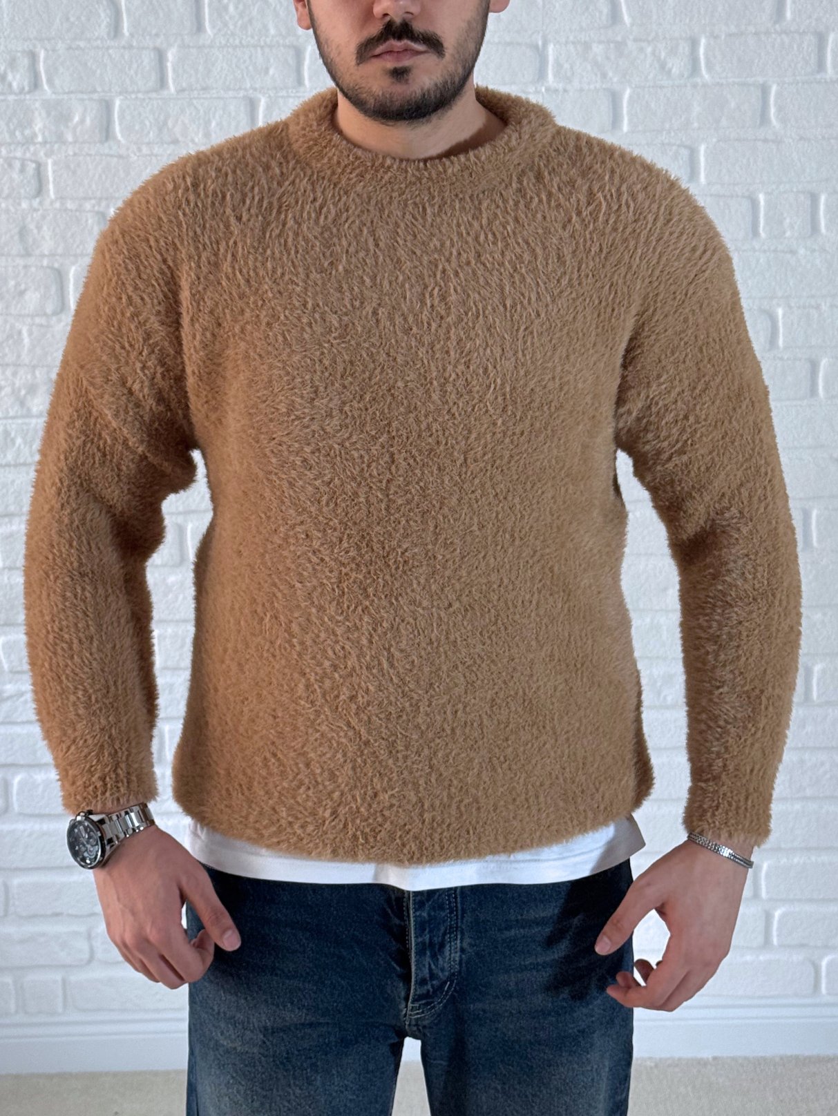 Oversize Peluş Detaylı Premium Kalite Kazak - Taba / KZK05