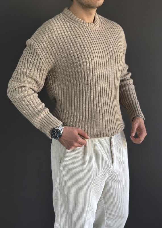 Oversize Premium Kalite Selanik Örgüsü Kazak / AÇIK KAHVE /KZK02