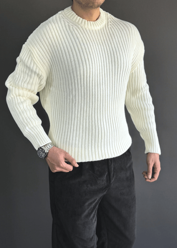 Oversize Premium Kalite Selanik Örgüsü Kazak / Krem /KZK02