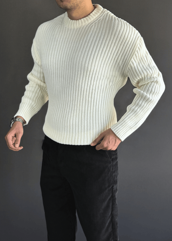 Oversize Premium Kalite Selanik Örgüsü Kazak / Krem /KZK02