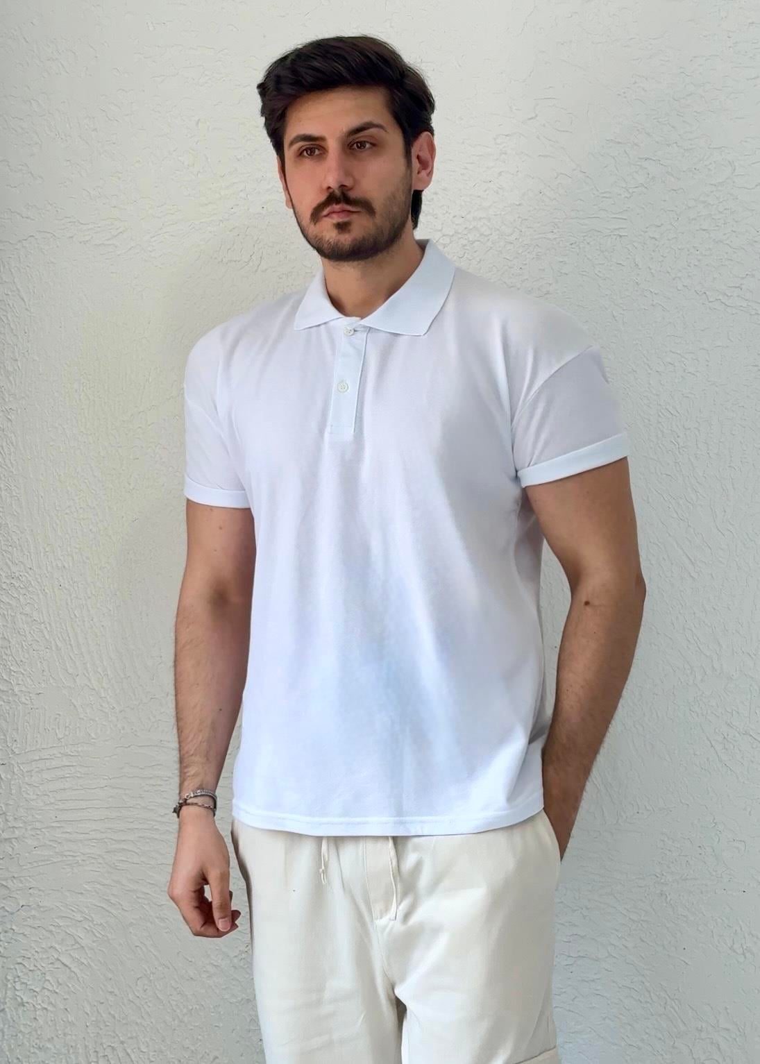 Özel kesim Kolları dar Oversize Polo Yaka T-shirt / Beyaz - PLY01