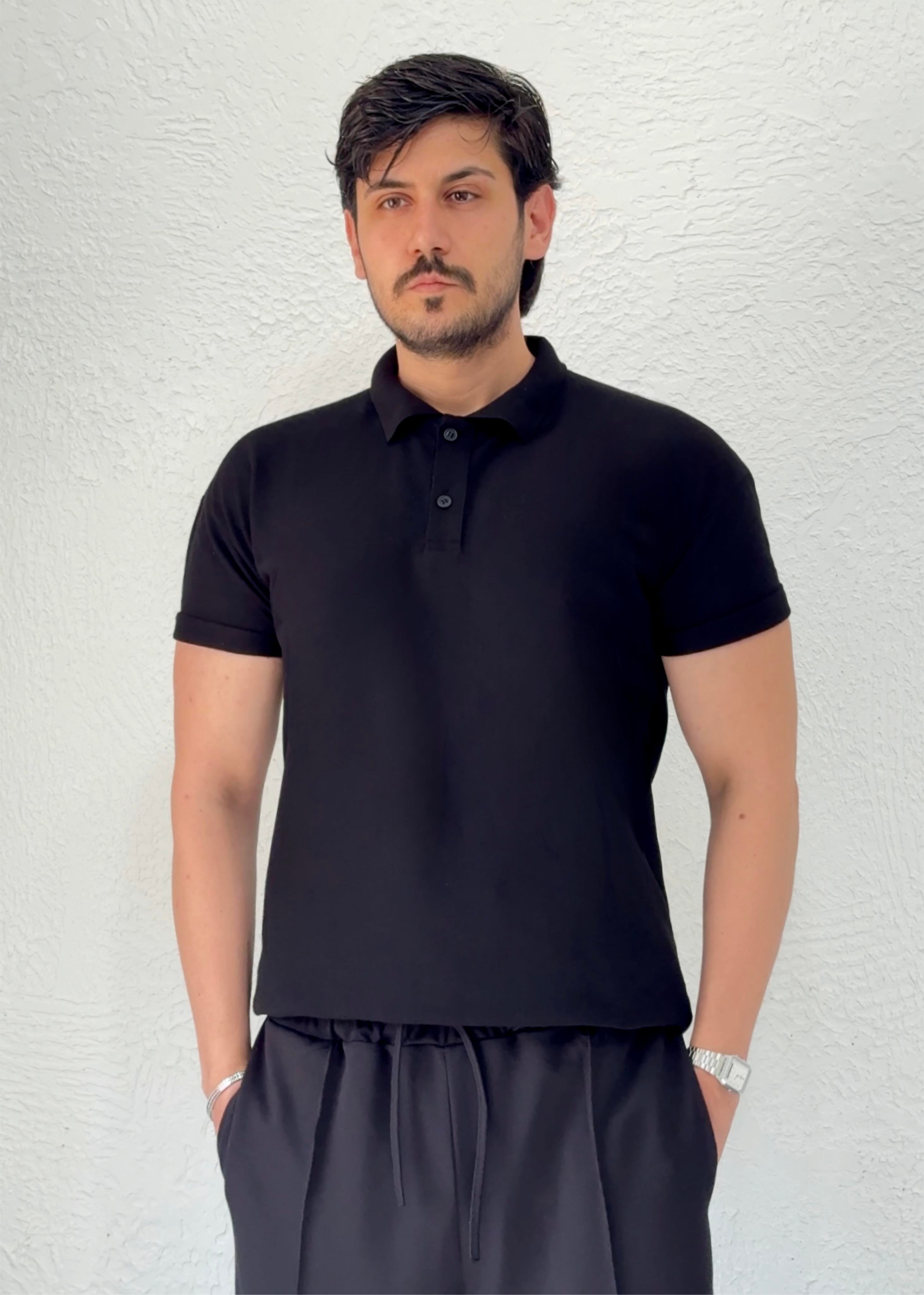 Özel kesim Kolları dar Oversize Polo Yaka T-shirt / SİYAH - PLY01