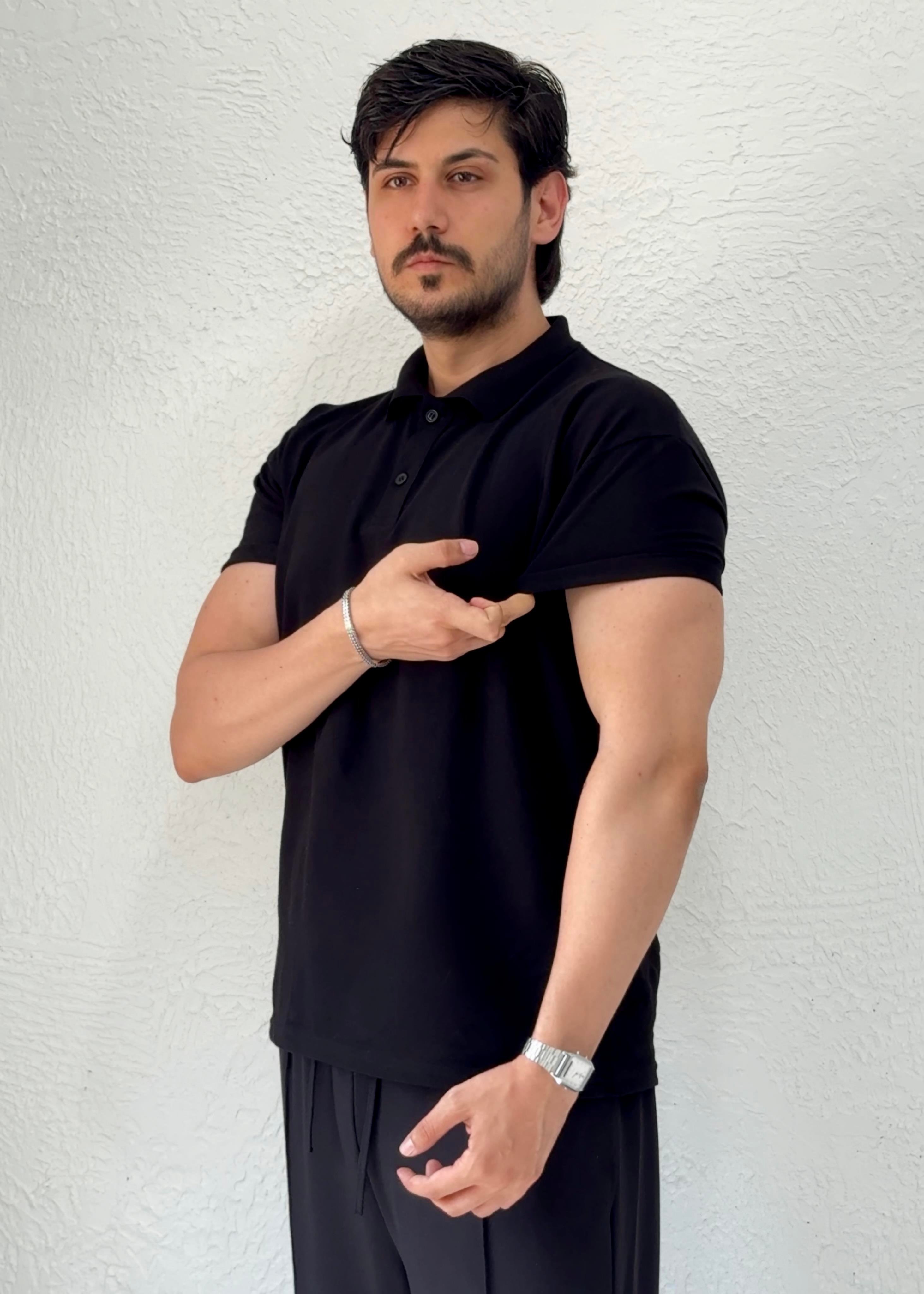 Özel kesim Kolları dar Oversize Polo Yaka T-shirt / SİYAH - PLY01