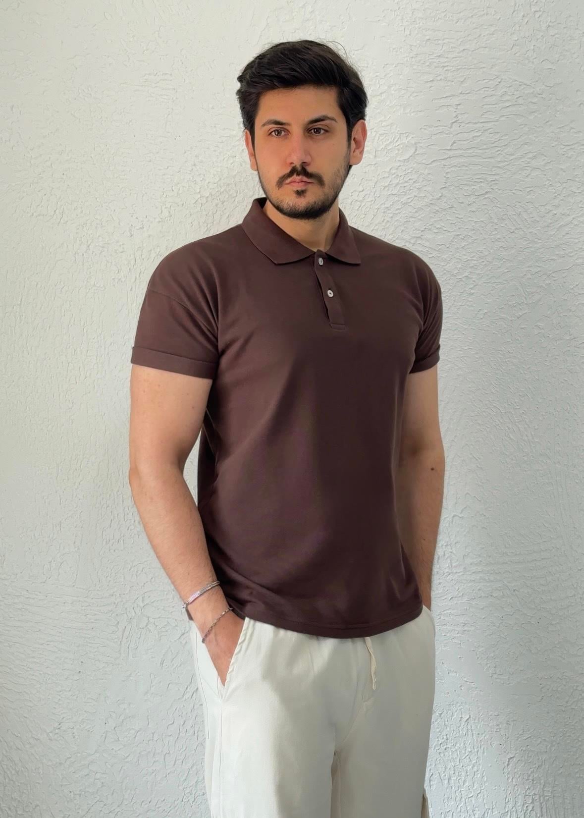 Özel kesim Kolları dar Oversize Polo Yaka T-shirt / Kahve - PLY01