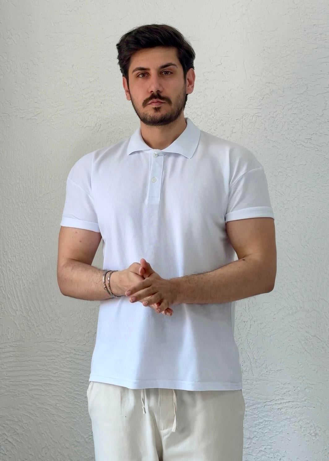 Özel kesim Kolları dar Oversize Polo Yaka T-shirt / Beyaz - PLY01