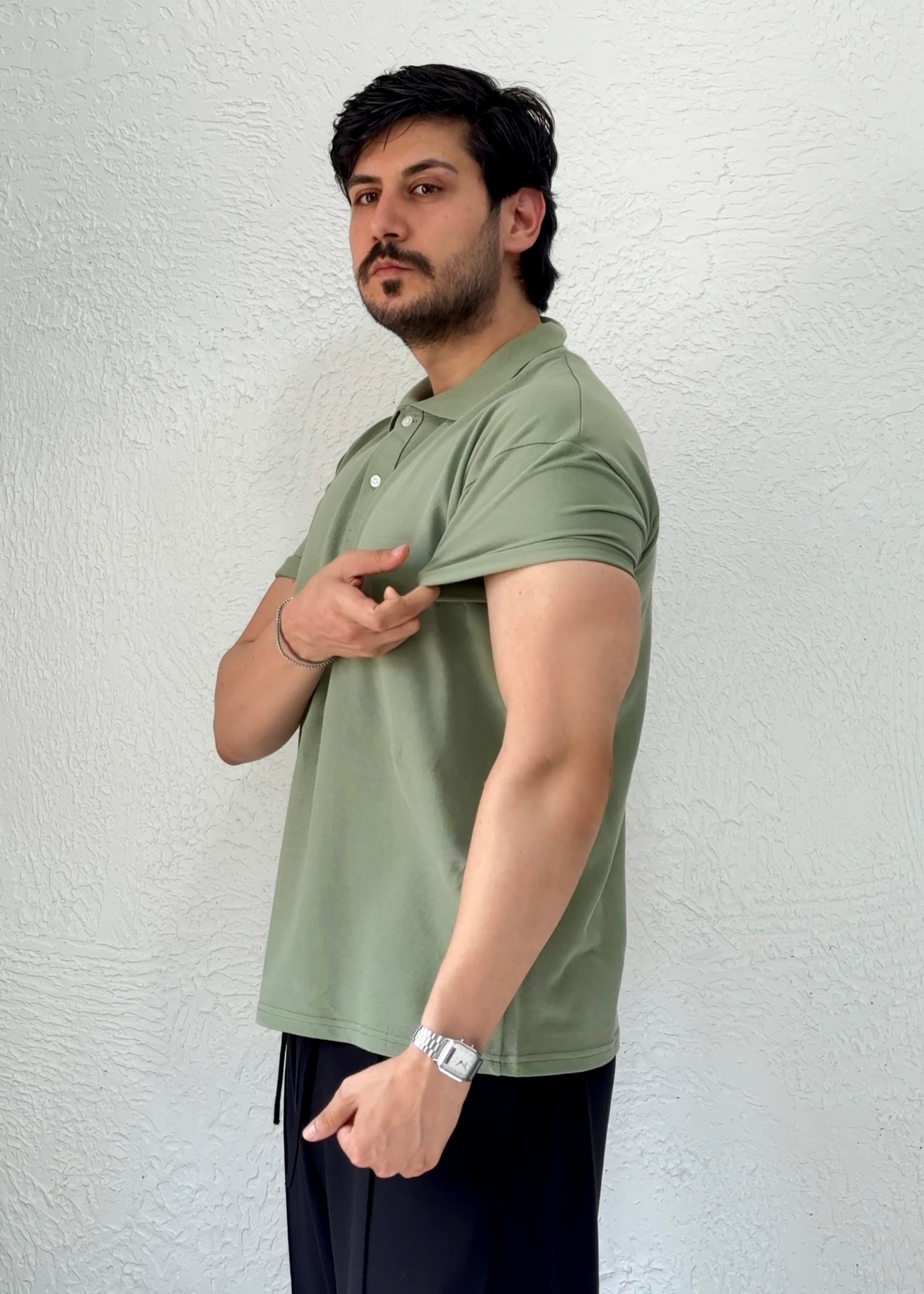 Özel kesim Kolları dar Oversize Polo Yaka T-shirt / SU YEŞİLİ- PLY01