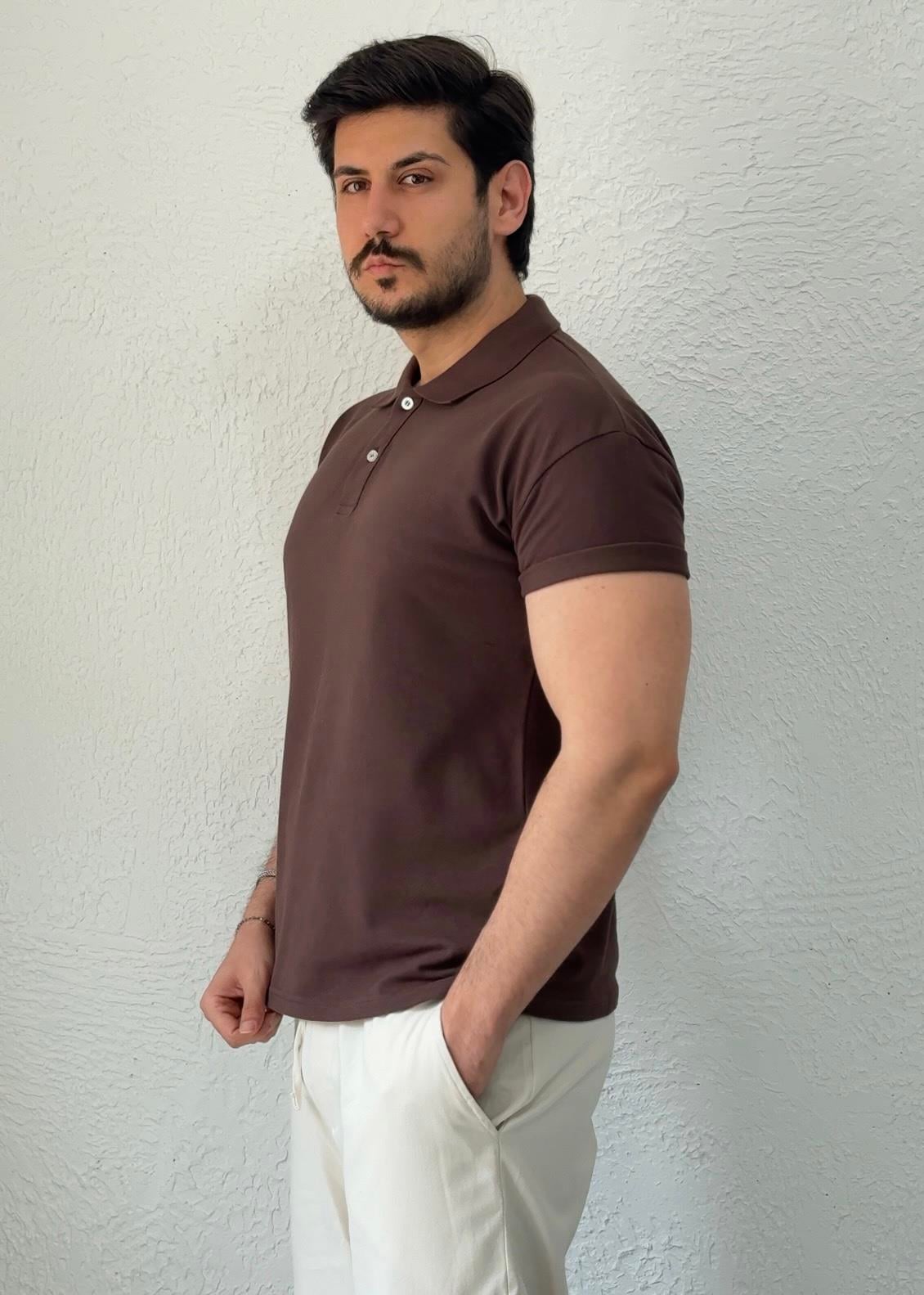 Özel kesim Kolları dar Oversize Polo Yaka T-shirt / Kahve - PLY01