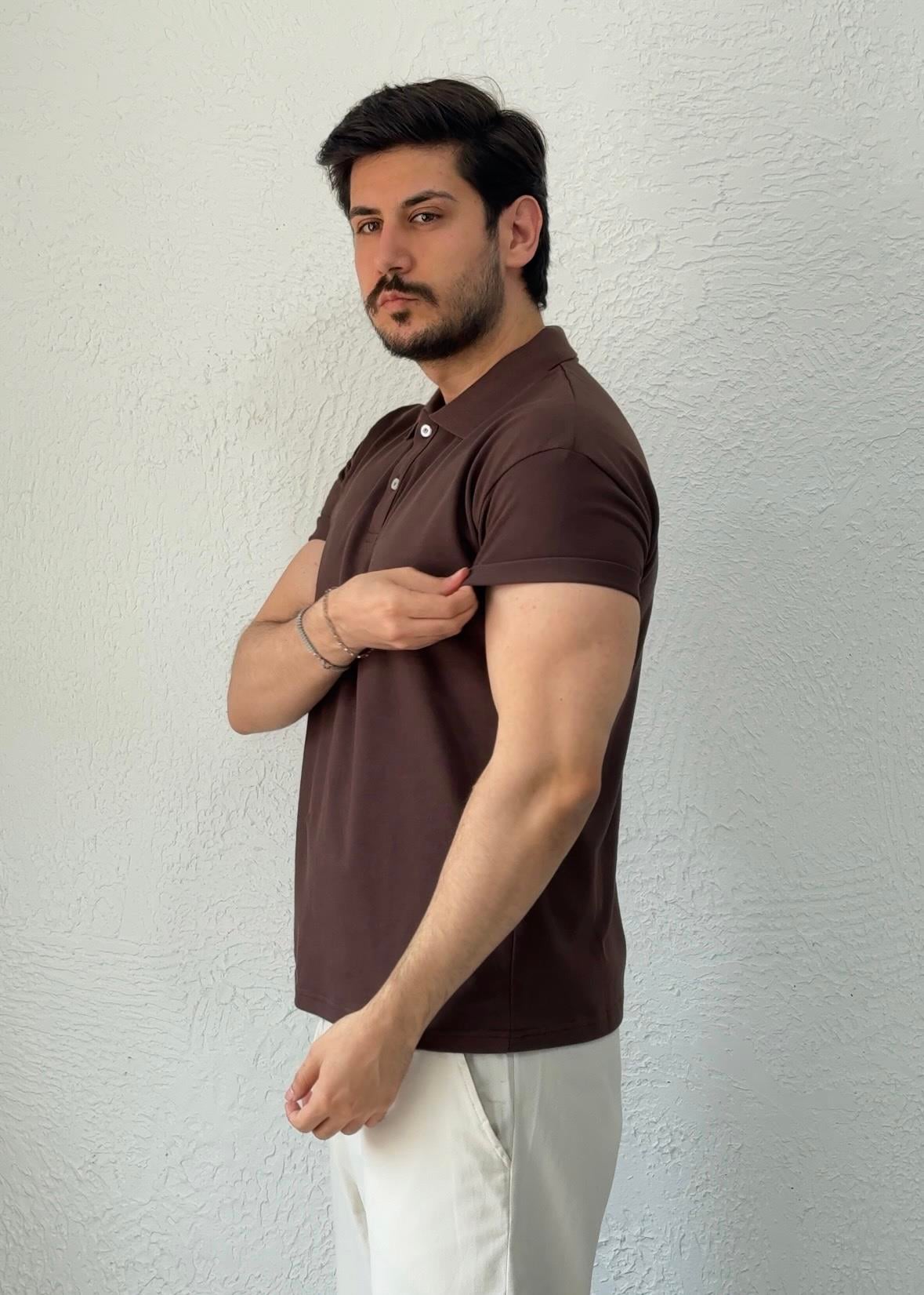 Özel kesim Kolları dar Oversize Polo Yaka T-shirt / Kahve - PLY01