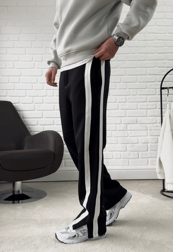 Premium Kalite Baggy Şerit Detaylı Eşofman Altı- Siyah / 2512Ş