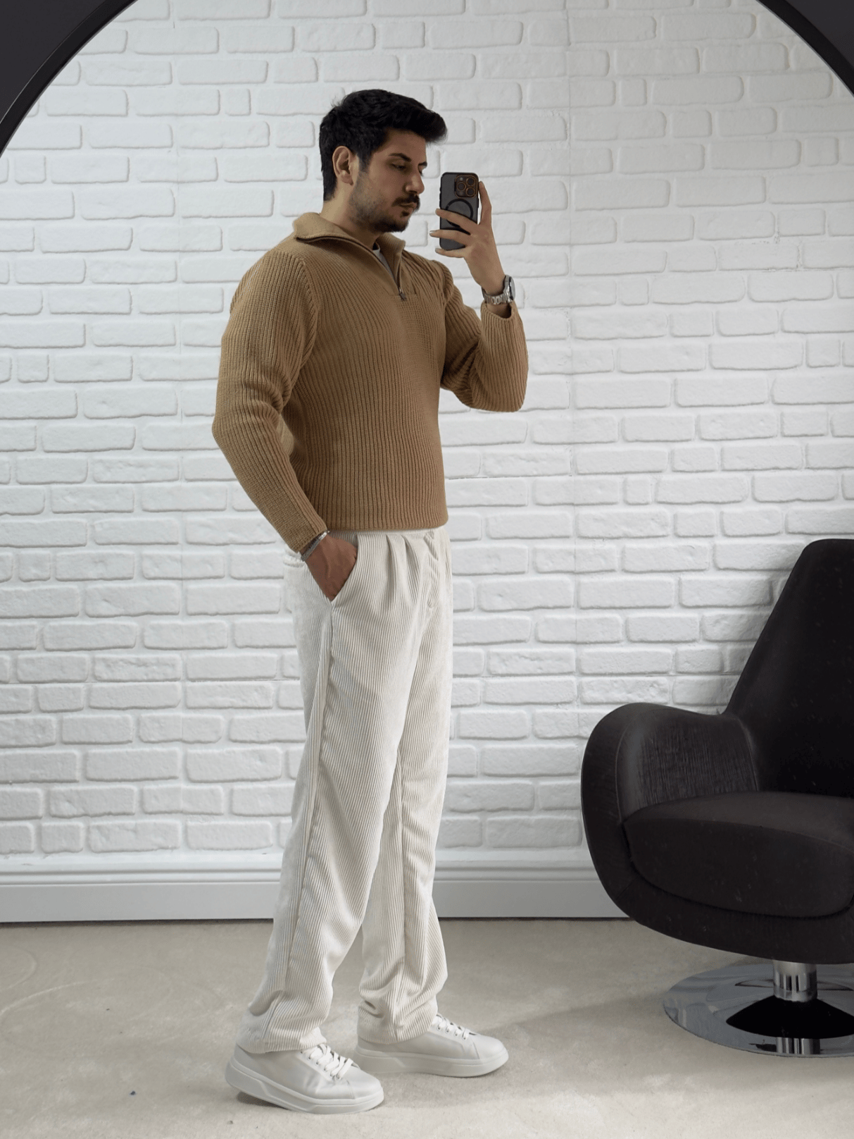 Premium Kalite Dik Yaka Fermuar Detaylı Örgü Kazak/ CAMEL-KZK08