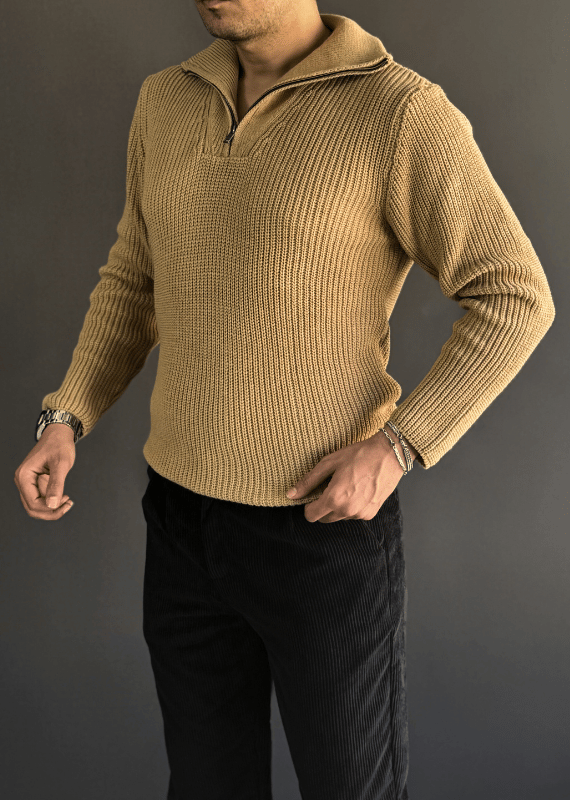 Premium Kalite Dik Yaka Fermuar Detaylı Örgü Kazak/ CAMEL-KZK08