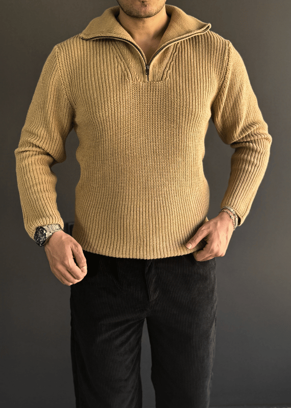 Premium Kalite Dik Yaka Fermuar Detaylı Örgü Kazak/ CAMEL-KZK08