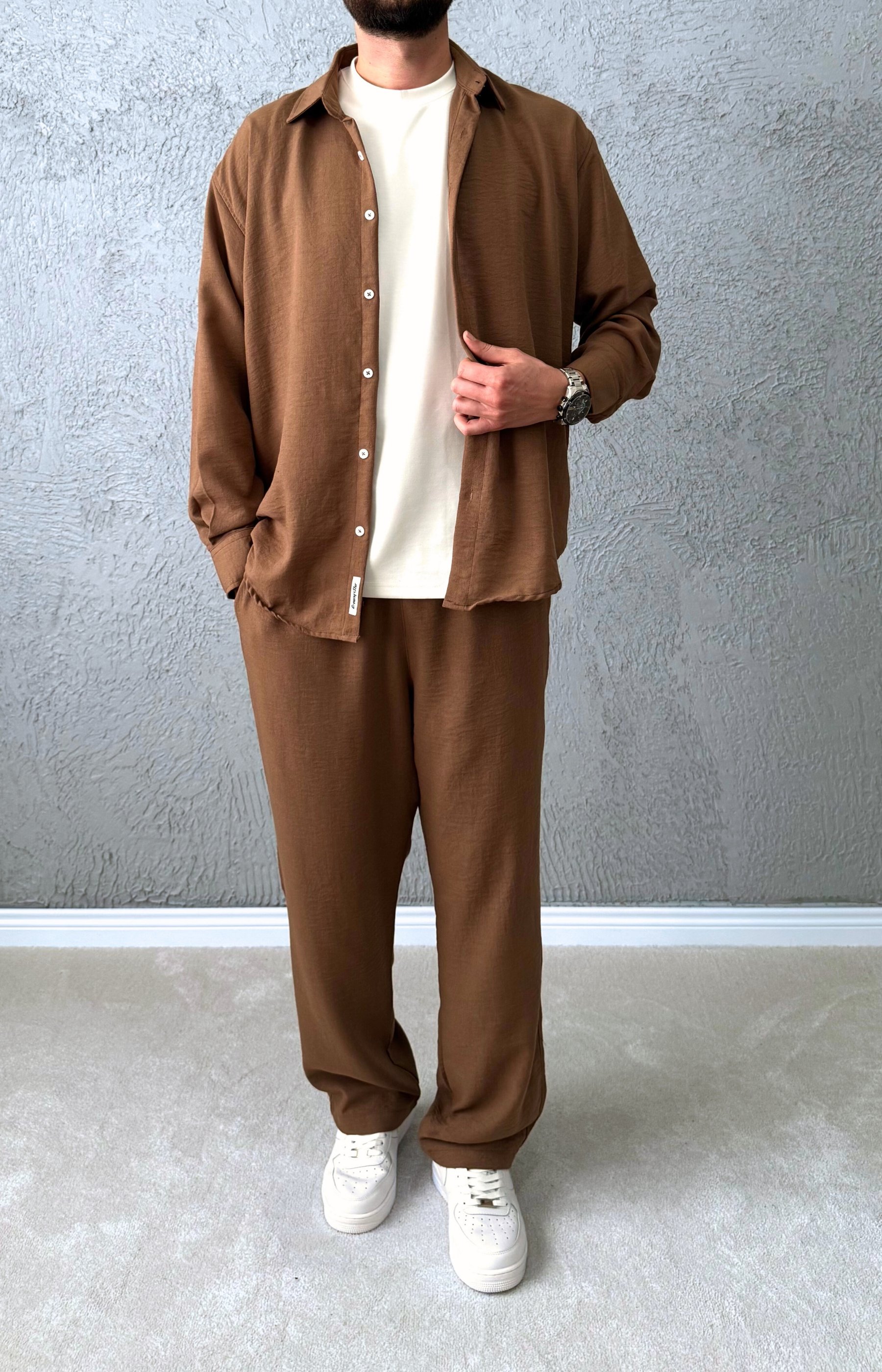 Premium Kalite Oversize Kesim Yazlık Keten Takım / Kahve - KTN01