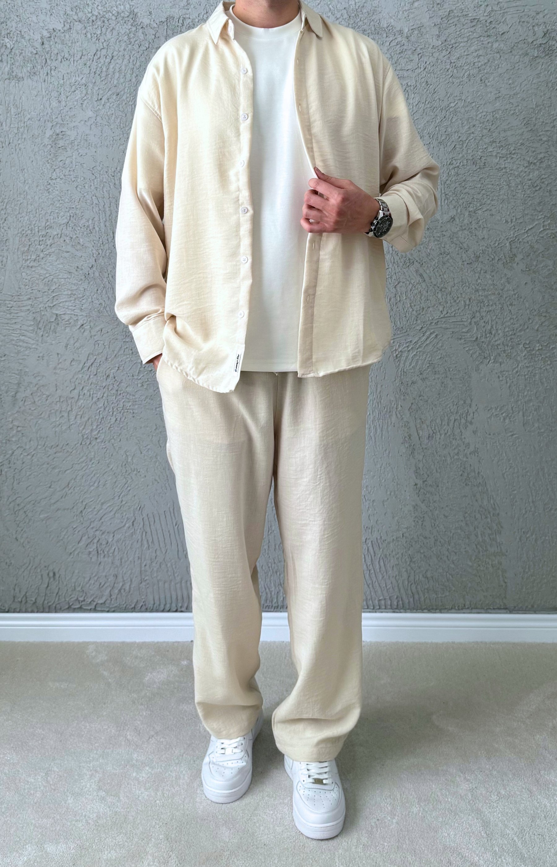 Premium Kalite Oversize Kesim Yazlık Keten Takım / Krem - KTN01