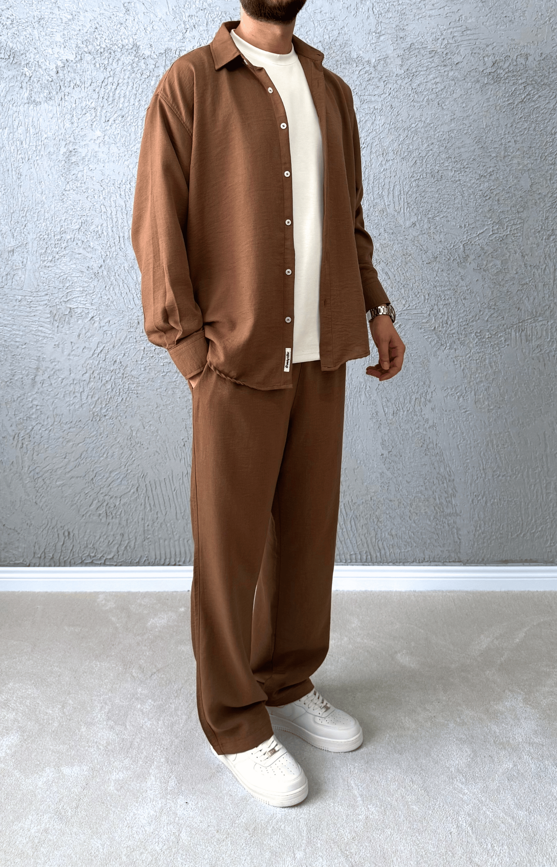 Premium Kalite Oversize Kesim Yazlık Keten Takım / Kahve - KTN01