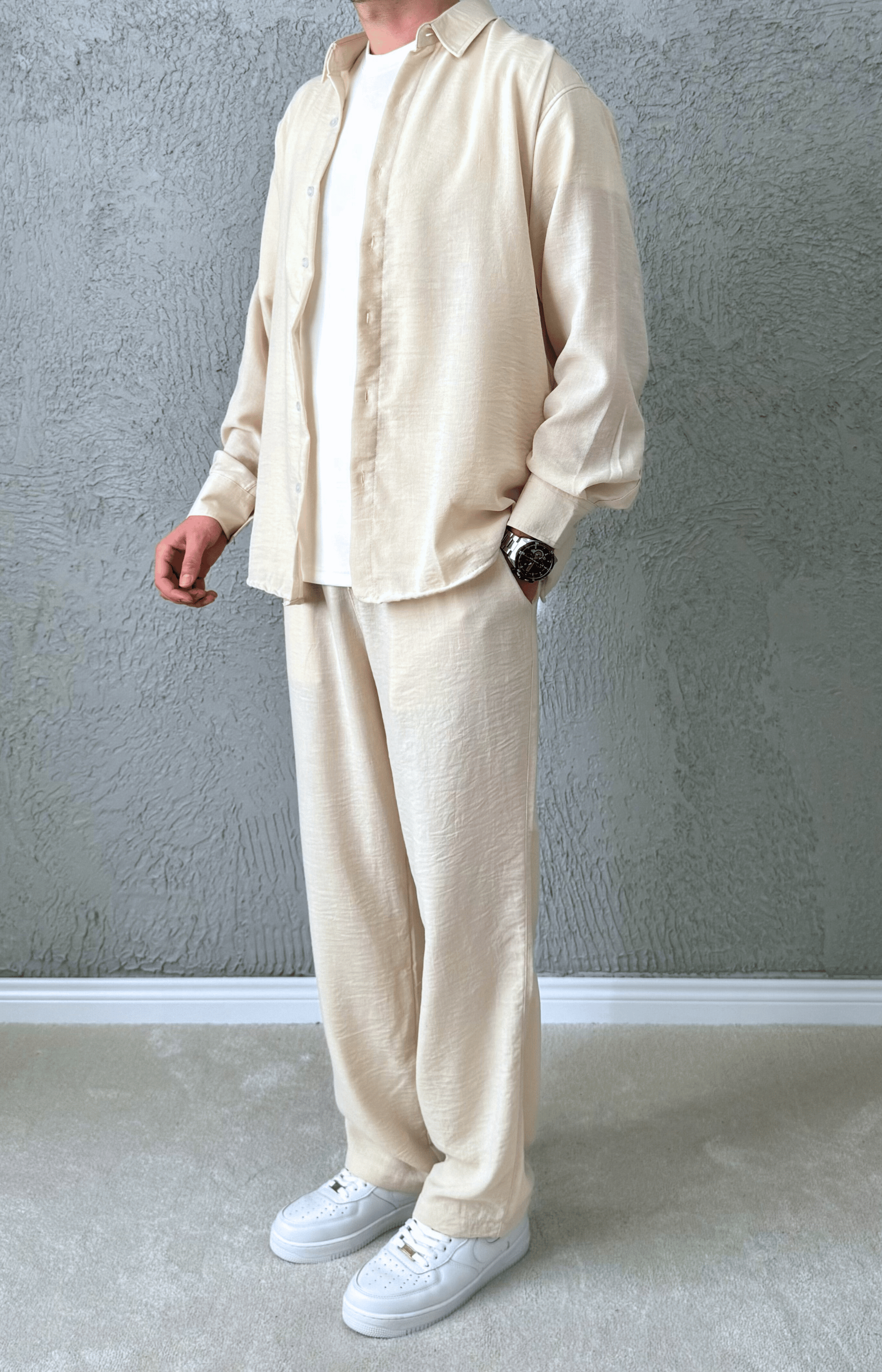 Premium Kalite Oversize Kesim Yazlık Keten Takım / Krem - KTN01